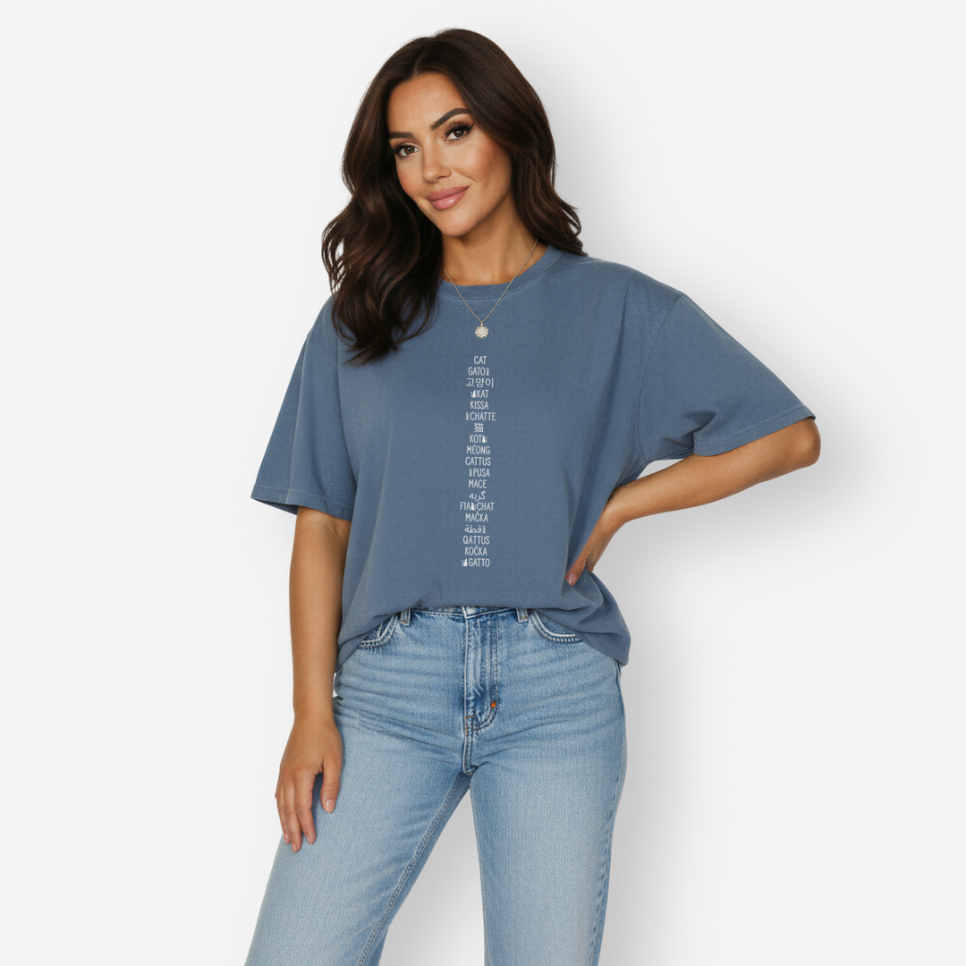 Minimalist-Minimalist CAT In Many Languages Cat Text-Cat-Pixelated Art-Comfort Colors®-Tshirt-in-Blue Jean - Blue Jean Female