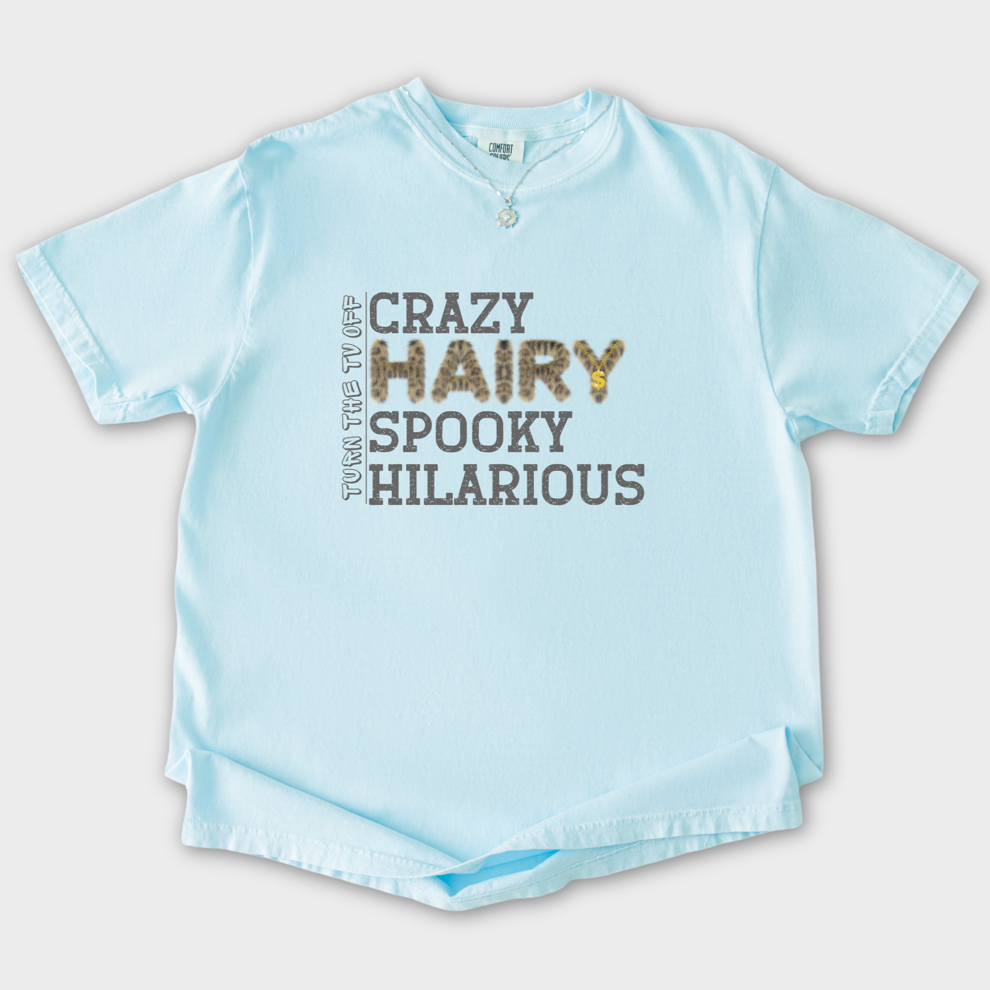 kendrick-lamar-inspired-crazy-scary-spooky-hilarious-pet-version-t-shirt-in-chambray - Chambray Flat Lay Front