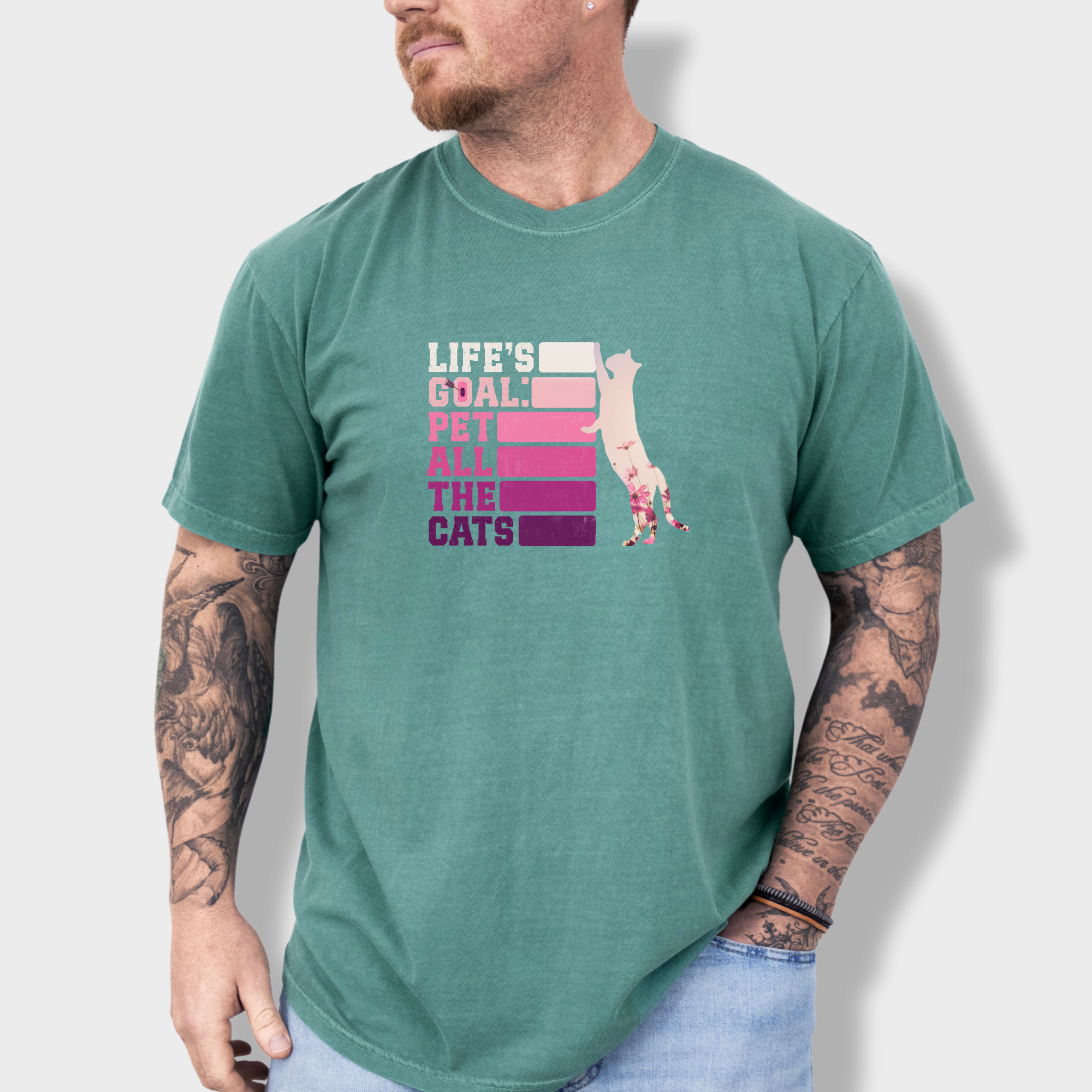 artistic-pet-all-the-cats-cat-text-comfort-colors-t-shirt-in-light-green - Light Green Lifestyle Male Model