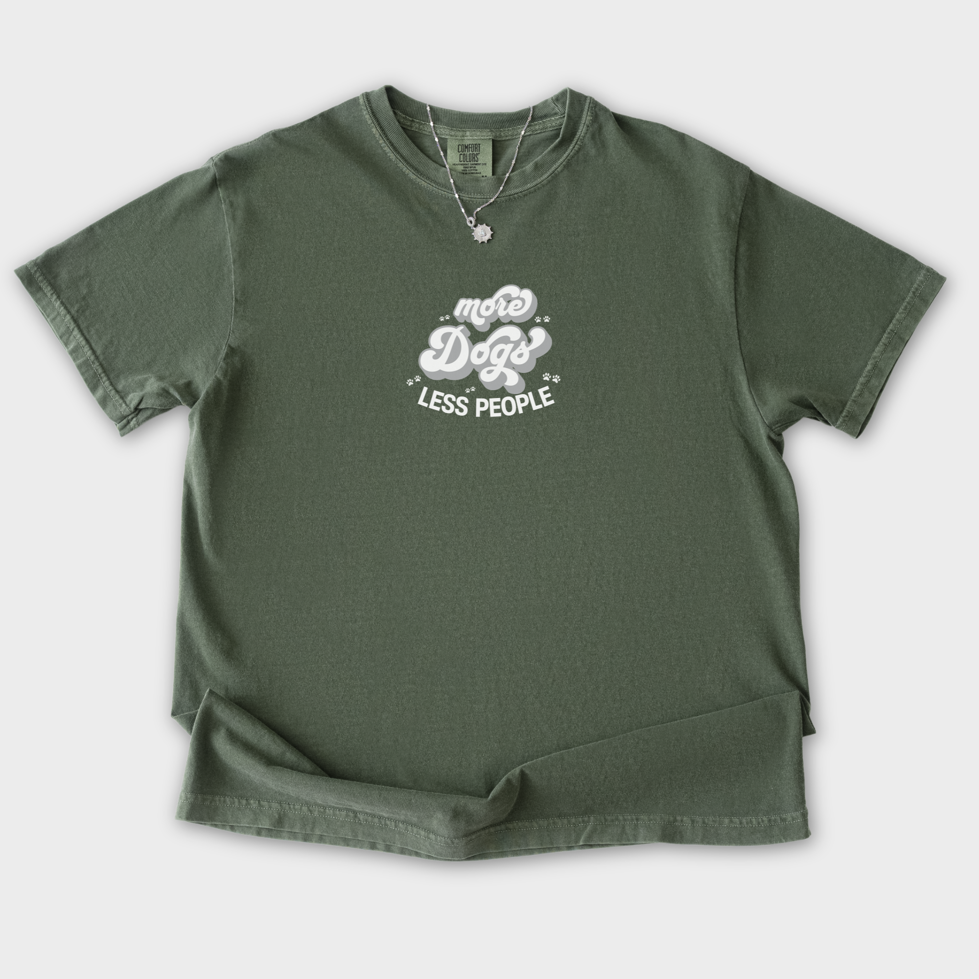 vintage-less-people-more-dogs-dog-text-comfort-colors-t-shirt-in-moss - Moss Flat Lay Front