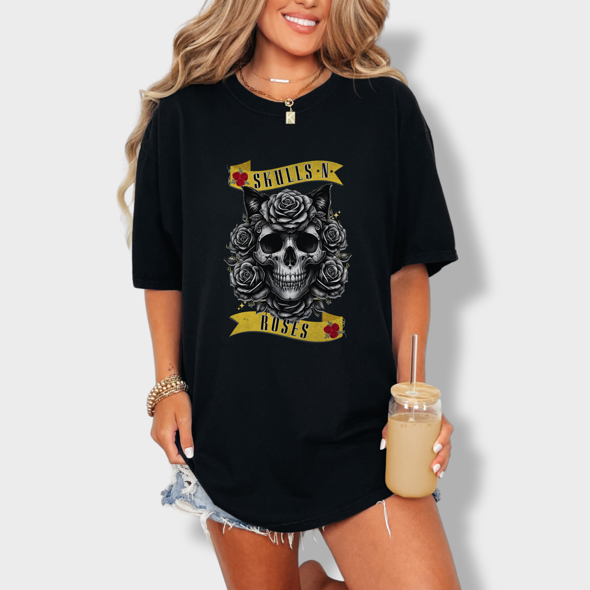 floral-pet-skulls-n-roses-solo-band-pet-skeleton-comfort-colors-t-shirt-in-black - Black Lifestyle Female Model