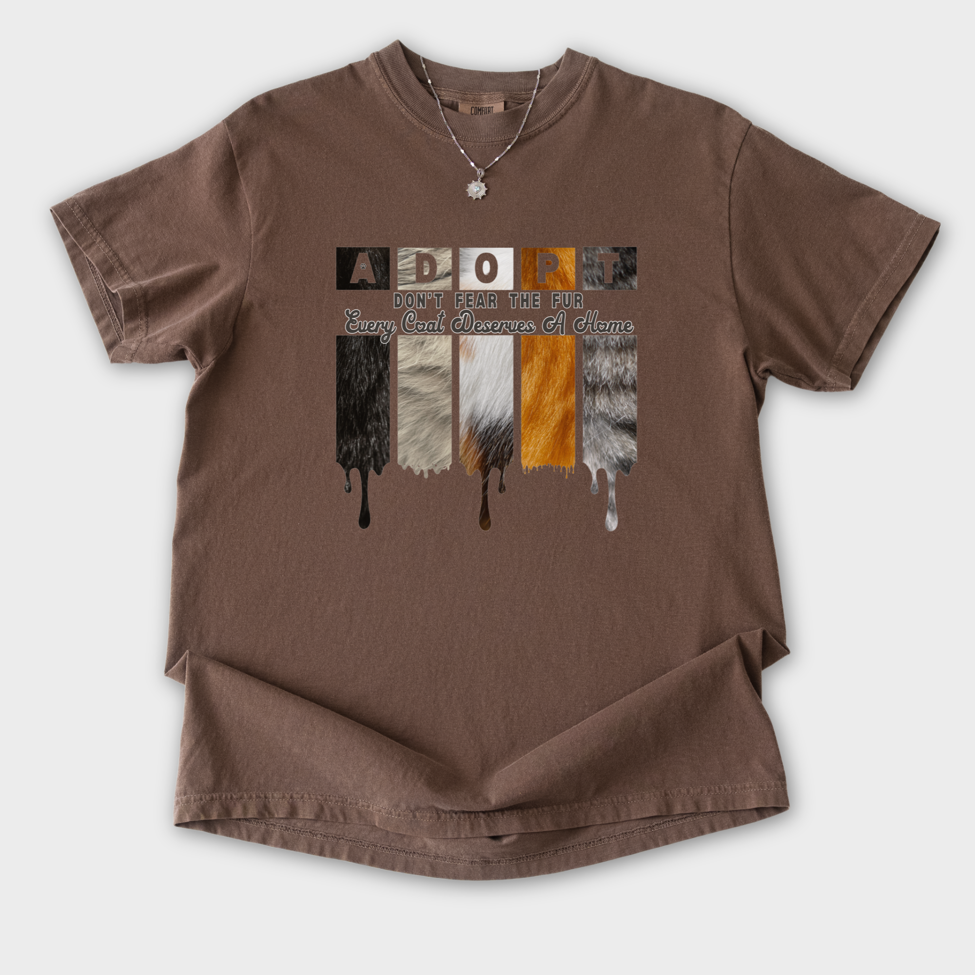 retro-adopt-every-coat-deserves-a-home-cat-minimalist-comfort-colors-t-shirt-in-espresso - Espresso Flat Lay Front