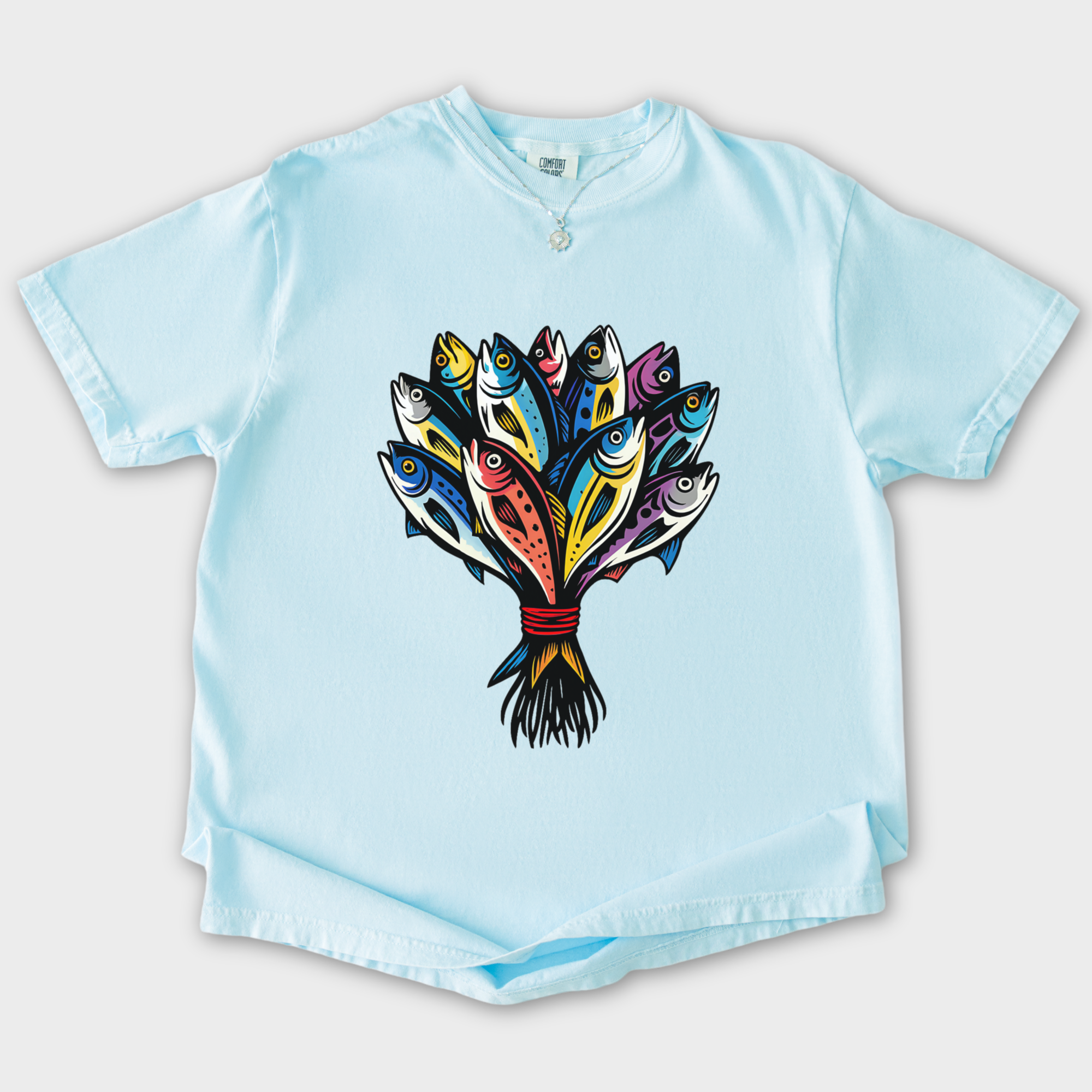 artistic-fish-bouquet-a-cats-dream-cat-graphic-comfort-colors-t-shirt-in-chambray - Chambray Flat Lay Front