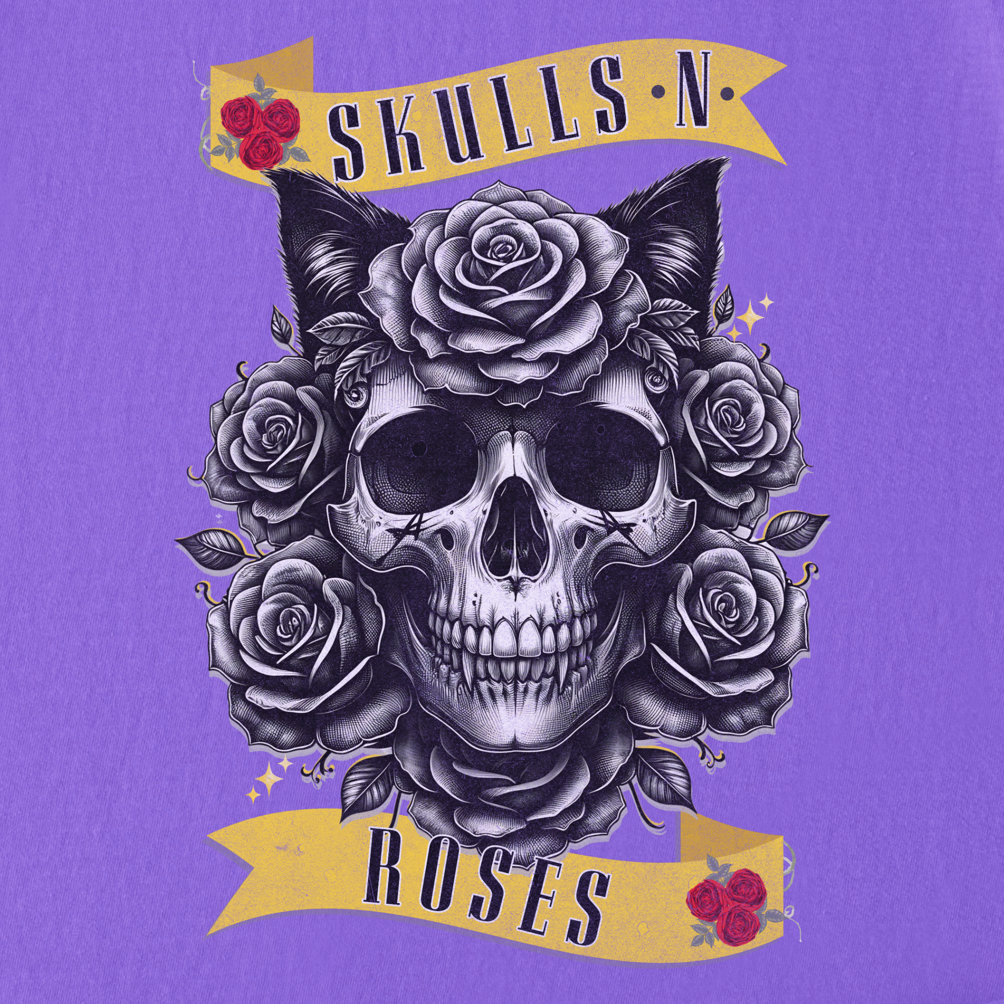 floral-pet-skulls-n-roses-solo-band-pet-skeleton-comfort-colors-t-shirt-in-violet - Violet Full Graphic