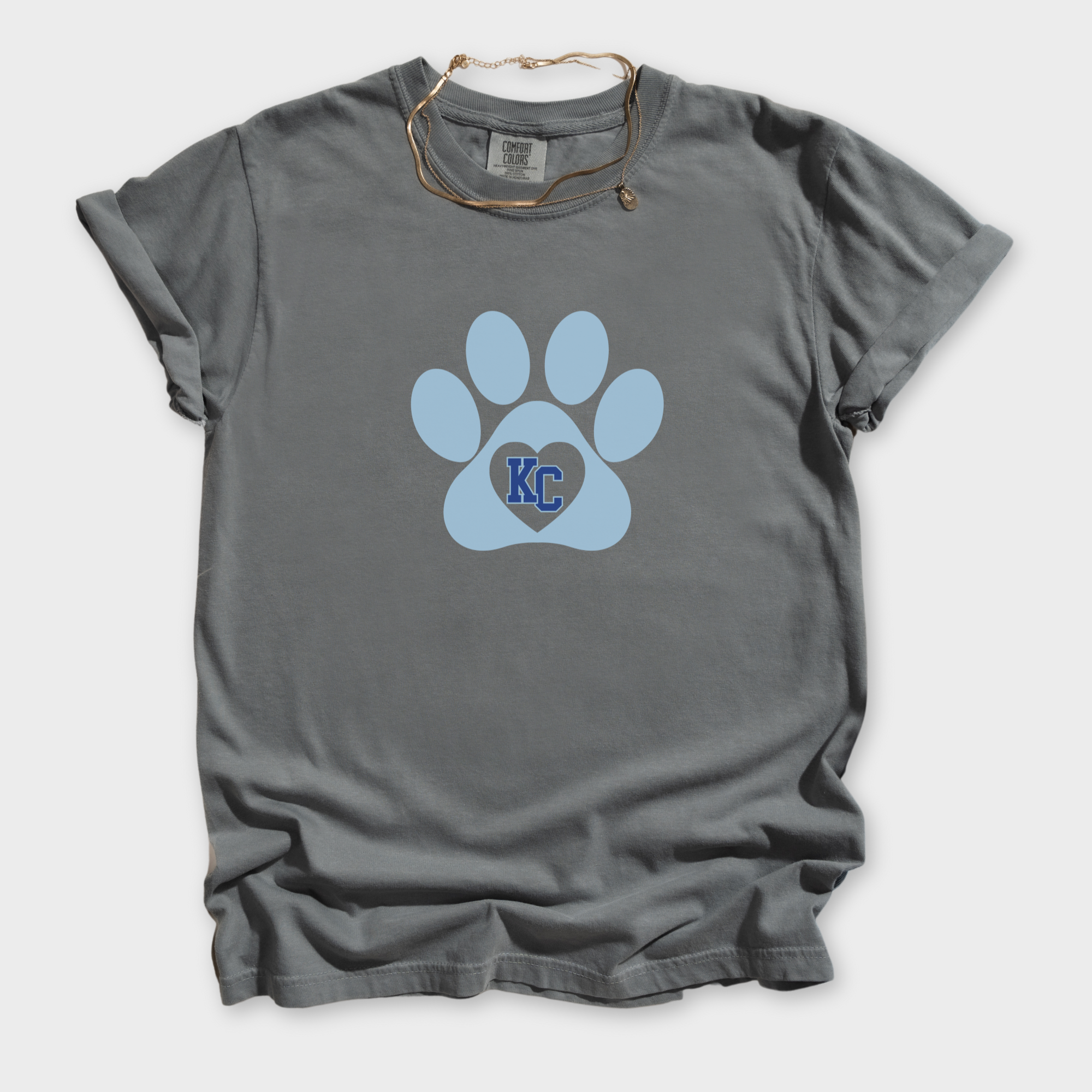 vintage-kc-paw-print-pet-graphic-comfort-colors-t-shirt-in-grey - Grey Flat Lay Front