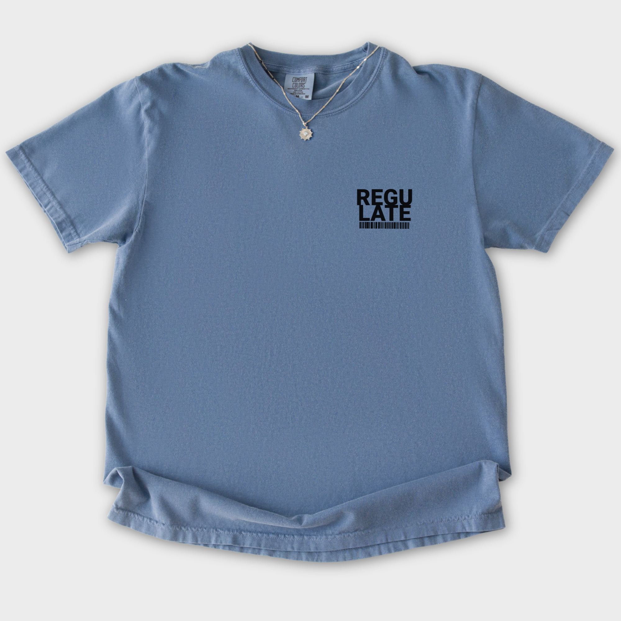 Comfort Colors® Dog unisex tee for men and women featuring Vintage, G-Funk Dog Era Presented by Fetch N Found Records Blue Jean graphic T-Shirt made of 100% cotton by Fetch N Found - Blue Jean Flat Lay Front