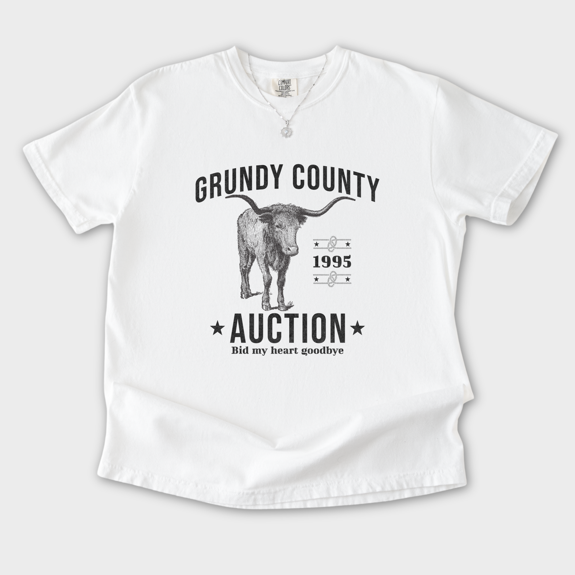 western-grundy-county-auction-animal-line-art-comfort-colors-t-shirt-in-white - White Flat Lay Front