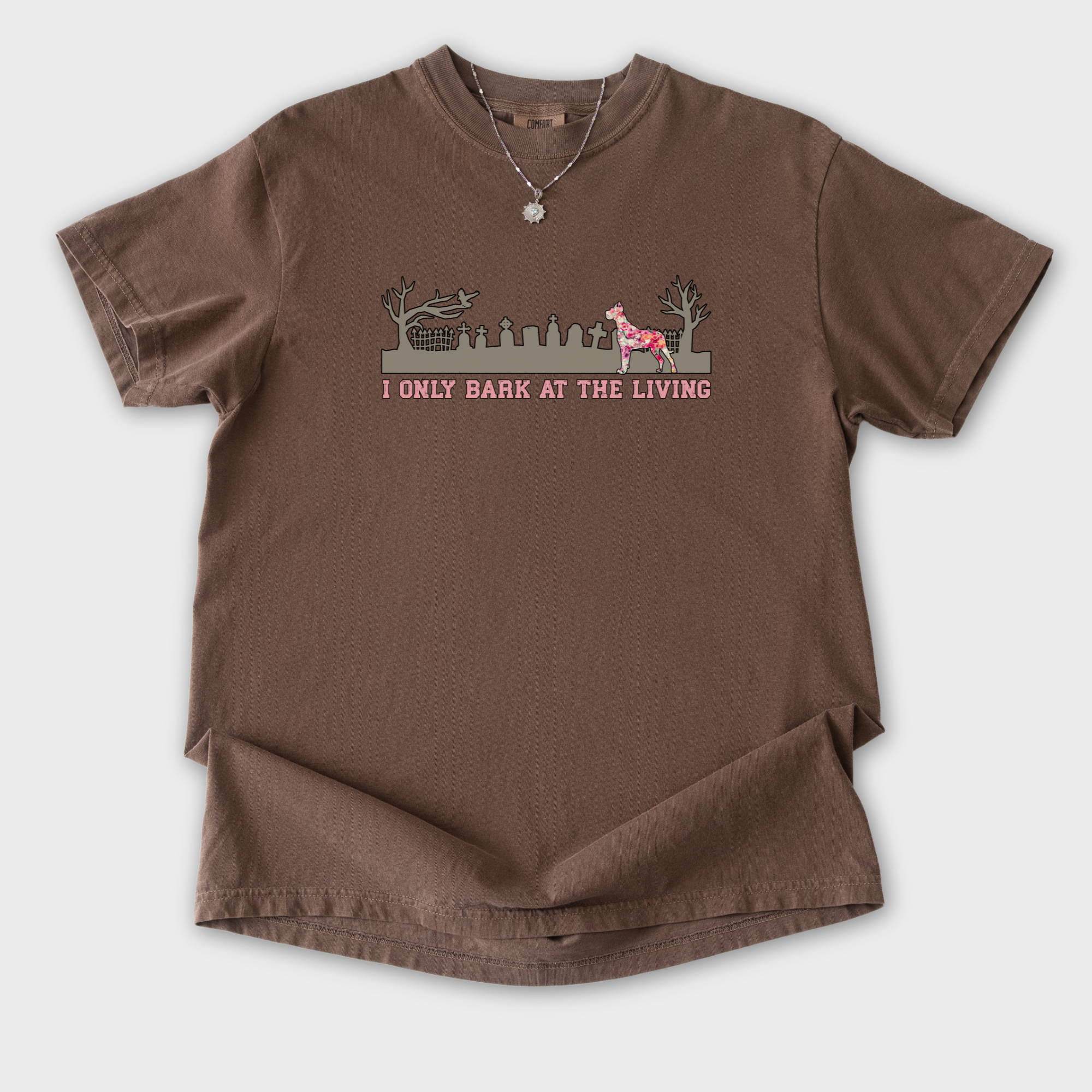 artistic-i-only-bark-at-the-living-dog-graphic-comfort-colors-t-shirt-in-espresso - Espresso Flat Lay Front