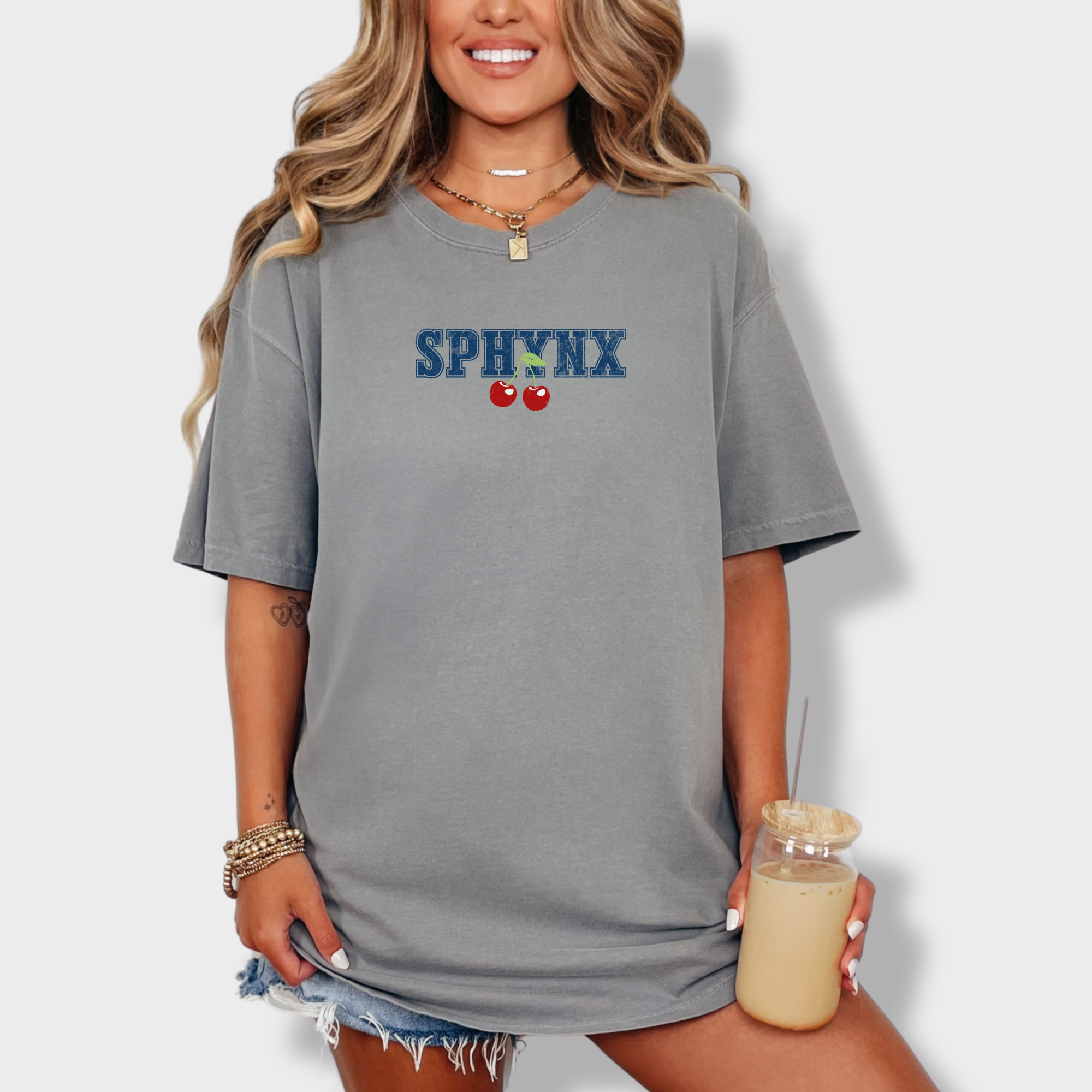sphynx-cherry-comfort-colors-t-shirt-in-grey - Grey Lifestyle Female Model