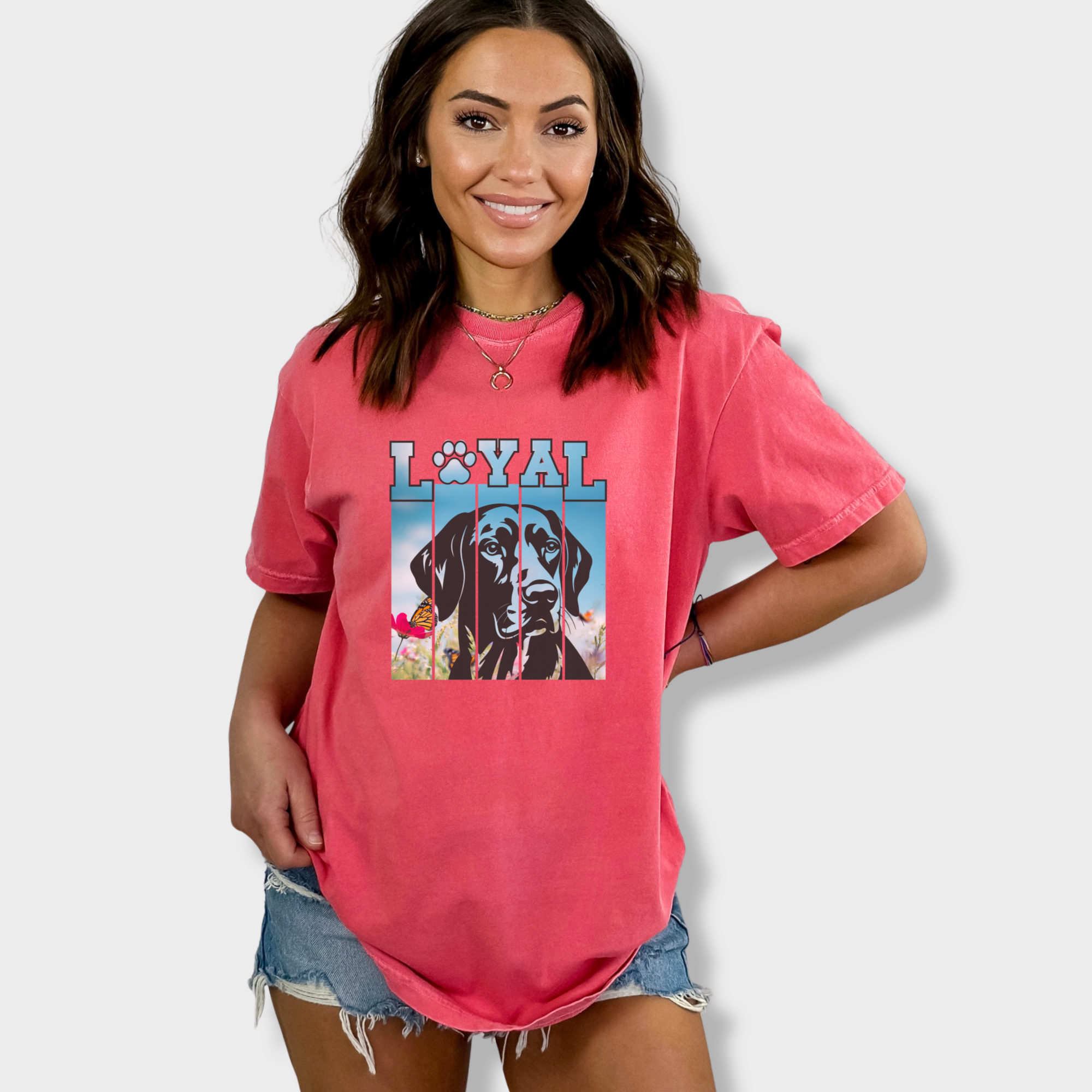 artistic-loyal-dog-graphic-comfort-colors-t-shirt-in-watermelon - Watermelon Lifestyle Female Model