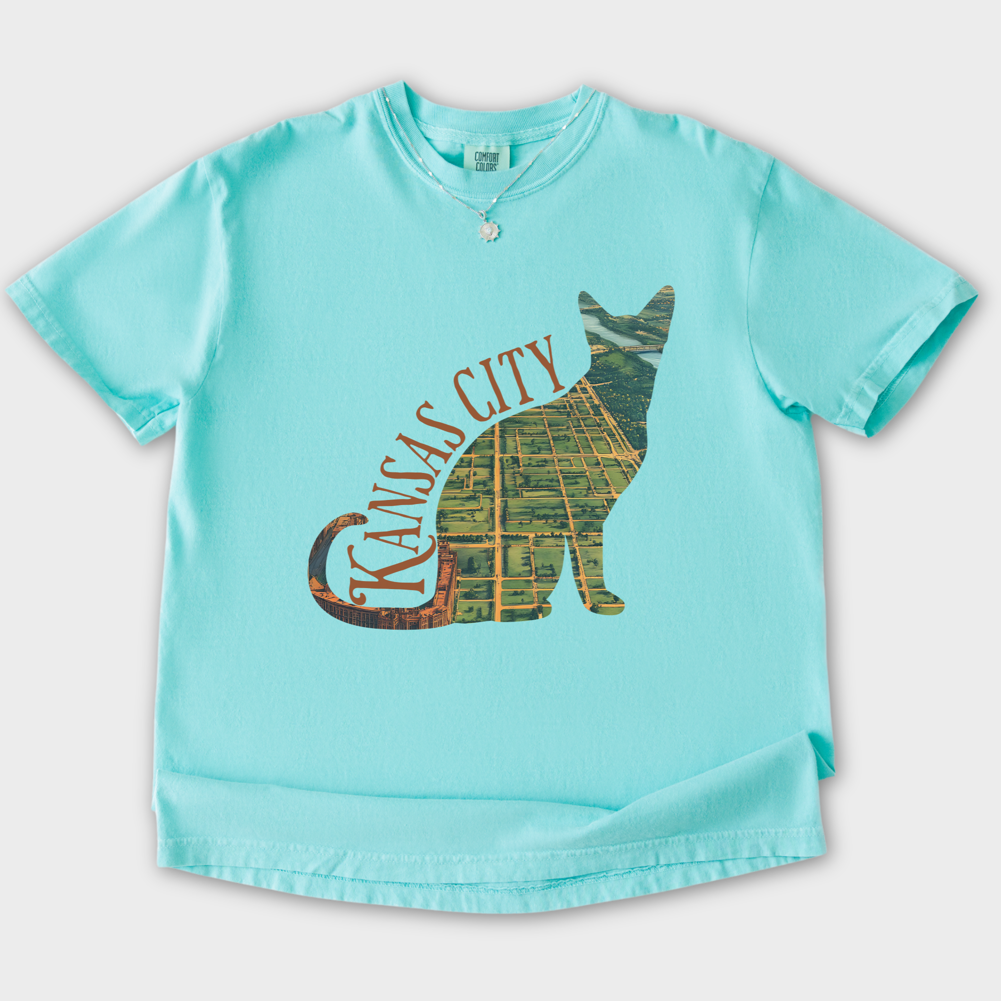 kansas-city-missouri-river-cat-map-t-shirt-in-chalky-mint - Chalky Mint Flat Lay Front