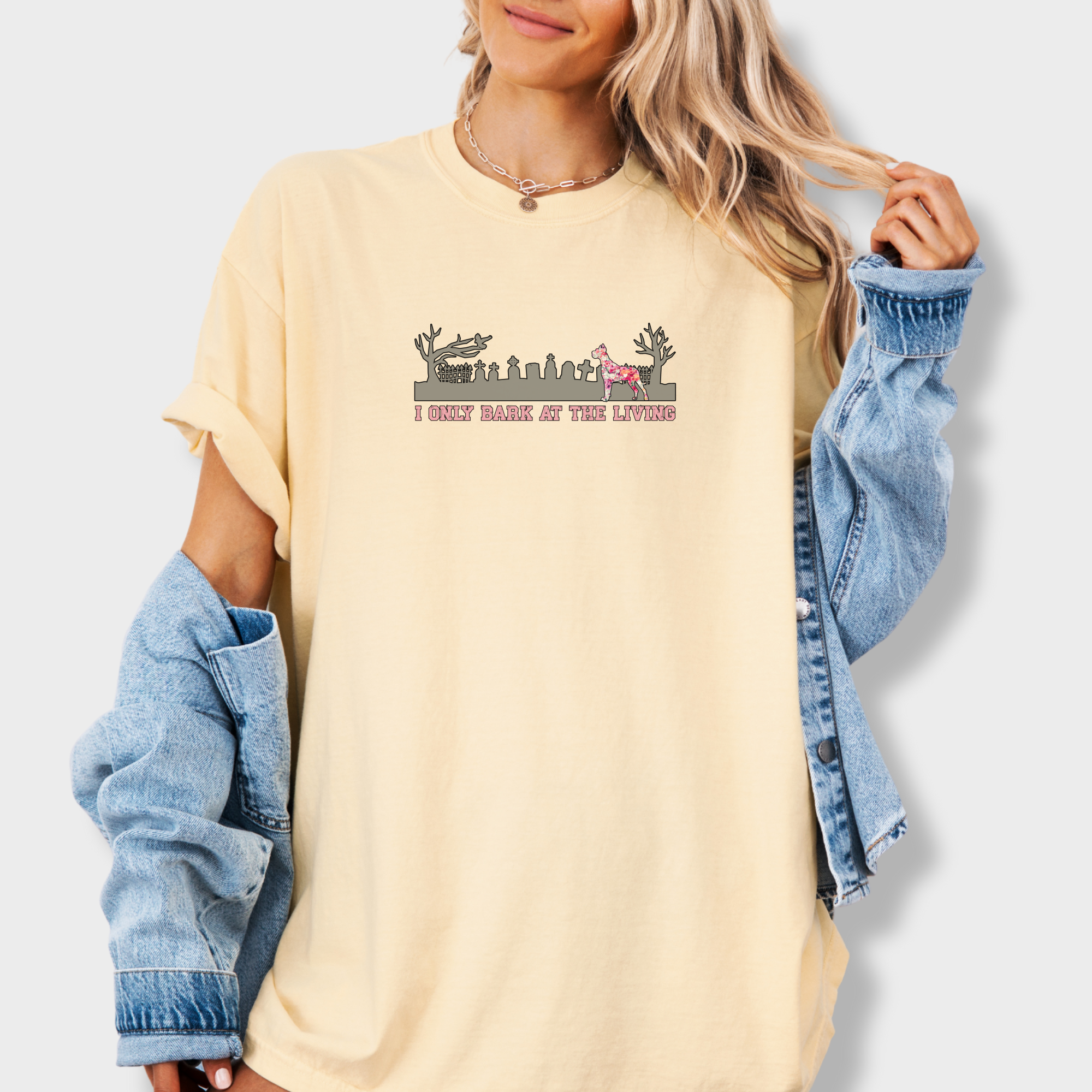 artistic-i-only-bark-at-the-living-dog-graphic-comfort-colors-t-shirt-in-butter - Butter Lifestyle Female Model