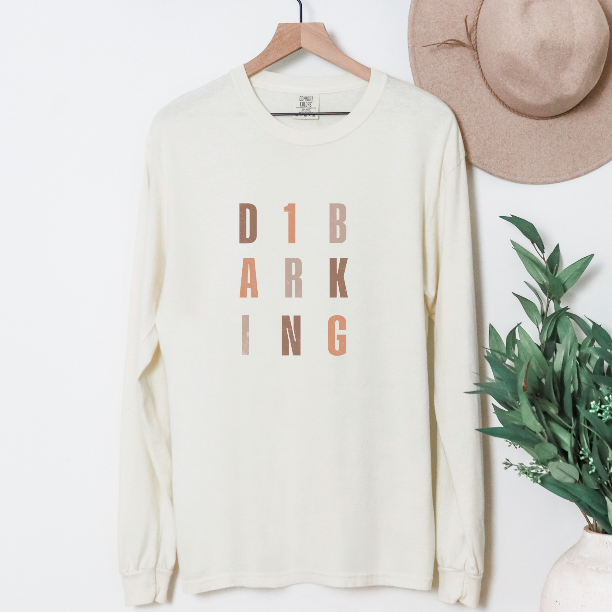 fetch-n-found  unisex tee for men and women featuring , D1 Barking Modern Neutral Grid Ivory graphic T-Shirt made of 100% cotton - Ivory Hanging Front