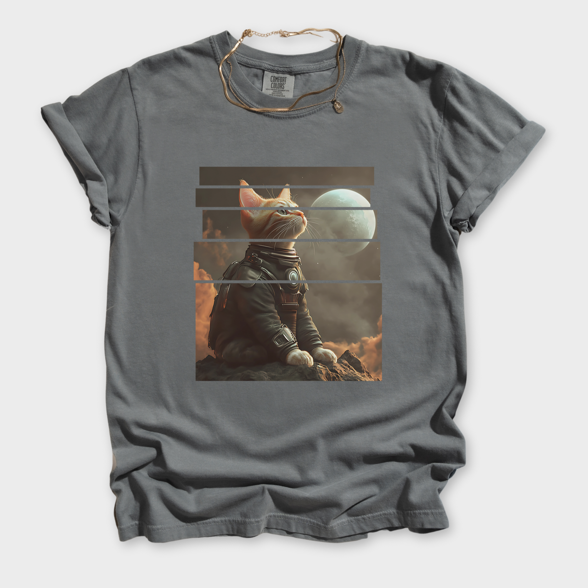 vintage-cute-cat-graphic-t-shirt-in-grey - Grey Flat Lay Front