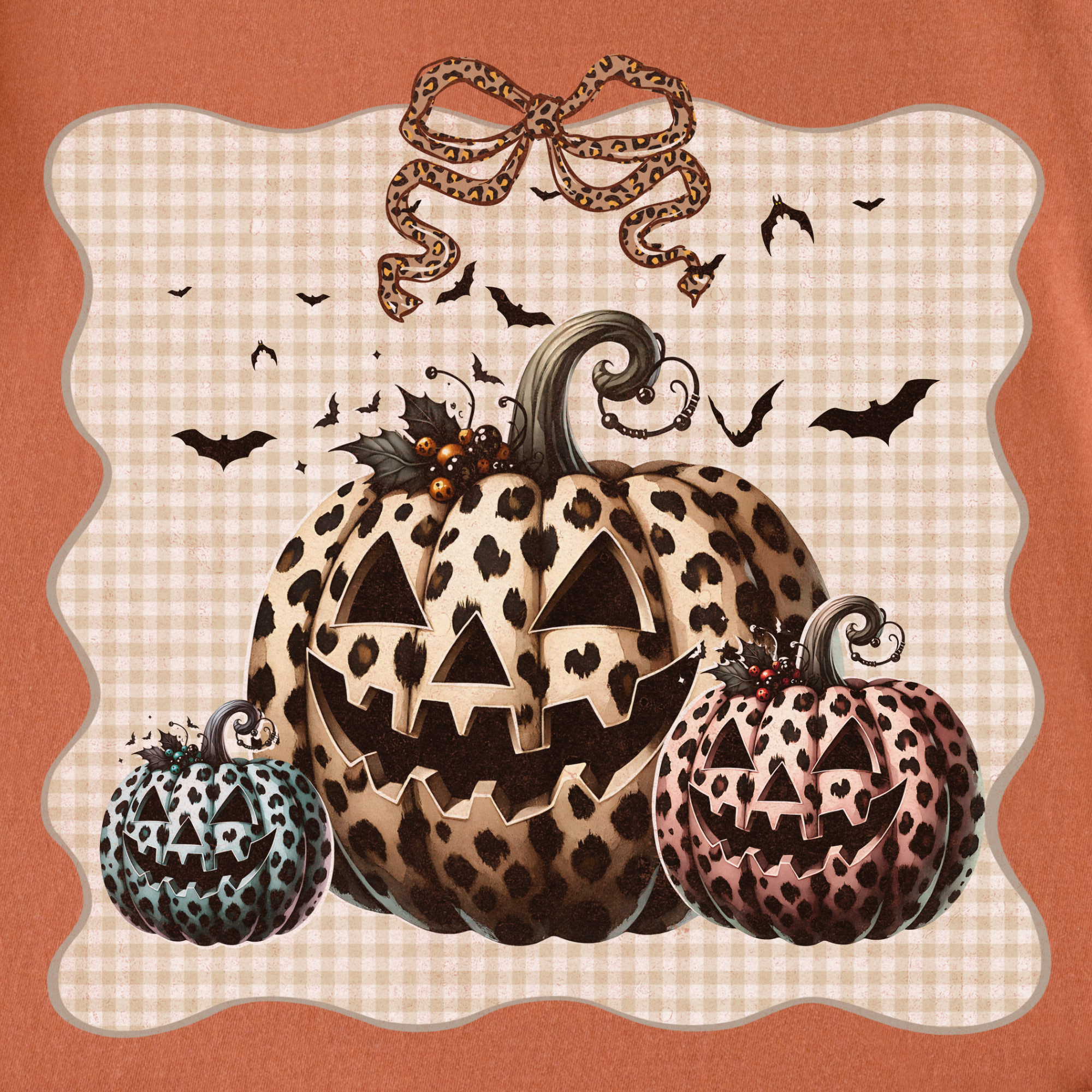 western-preppy-leopard-print-jack-o-lanterns-cat-bow-comfort-colors-t-shirt-in-yam - Yam Full Graphic