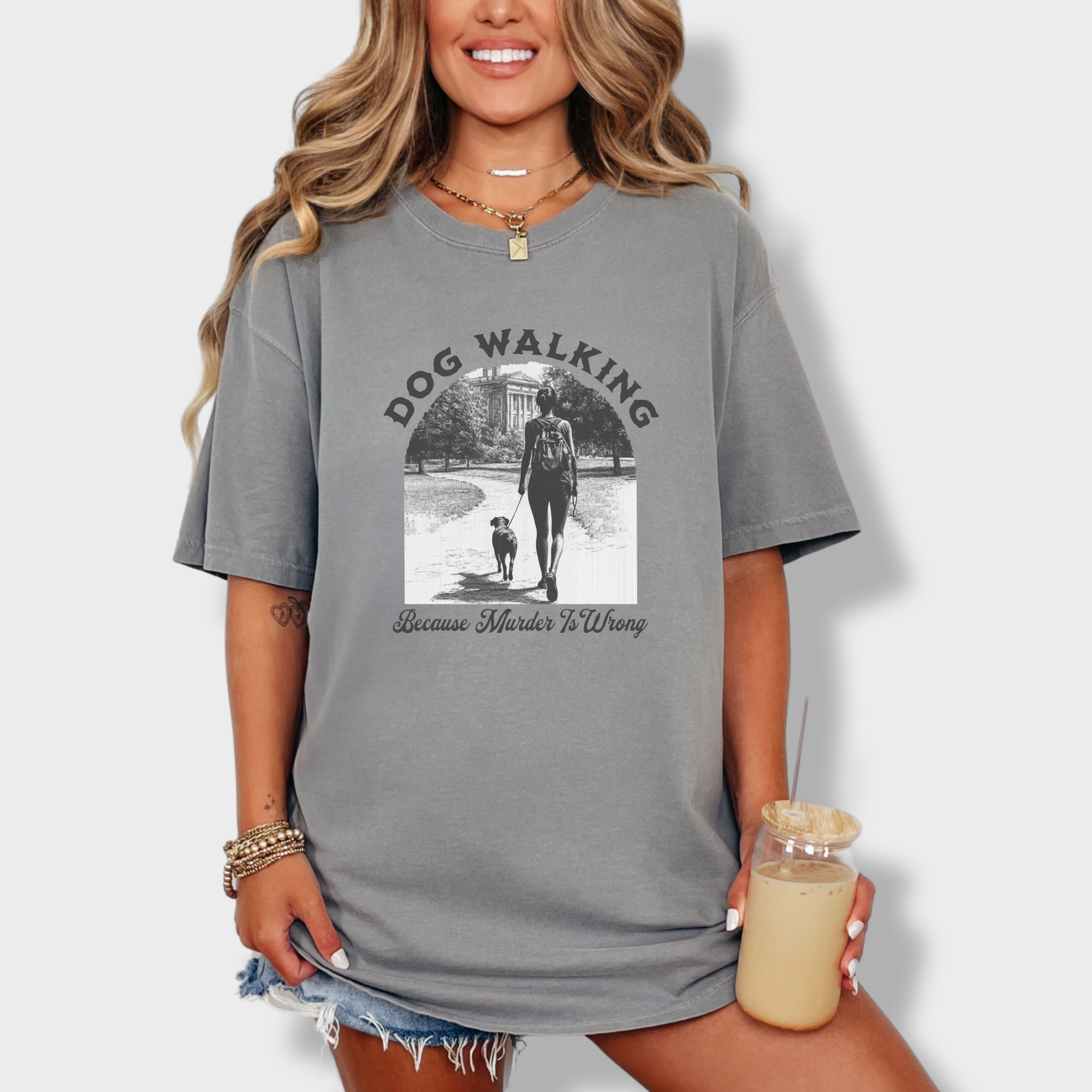 western-murder-is-wrong-dog-graphic-comfort-colors-t-shirt-in-grey - Grey Lifestyle Female Model