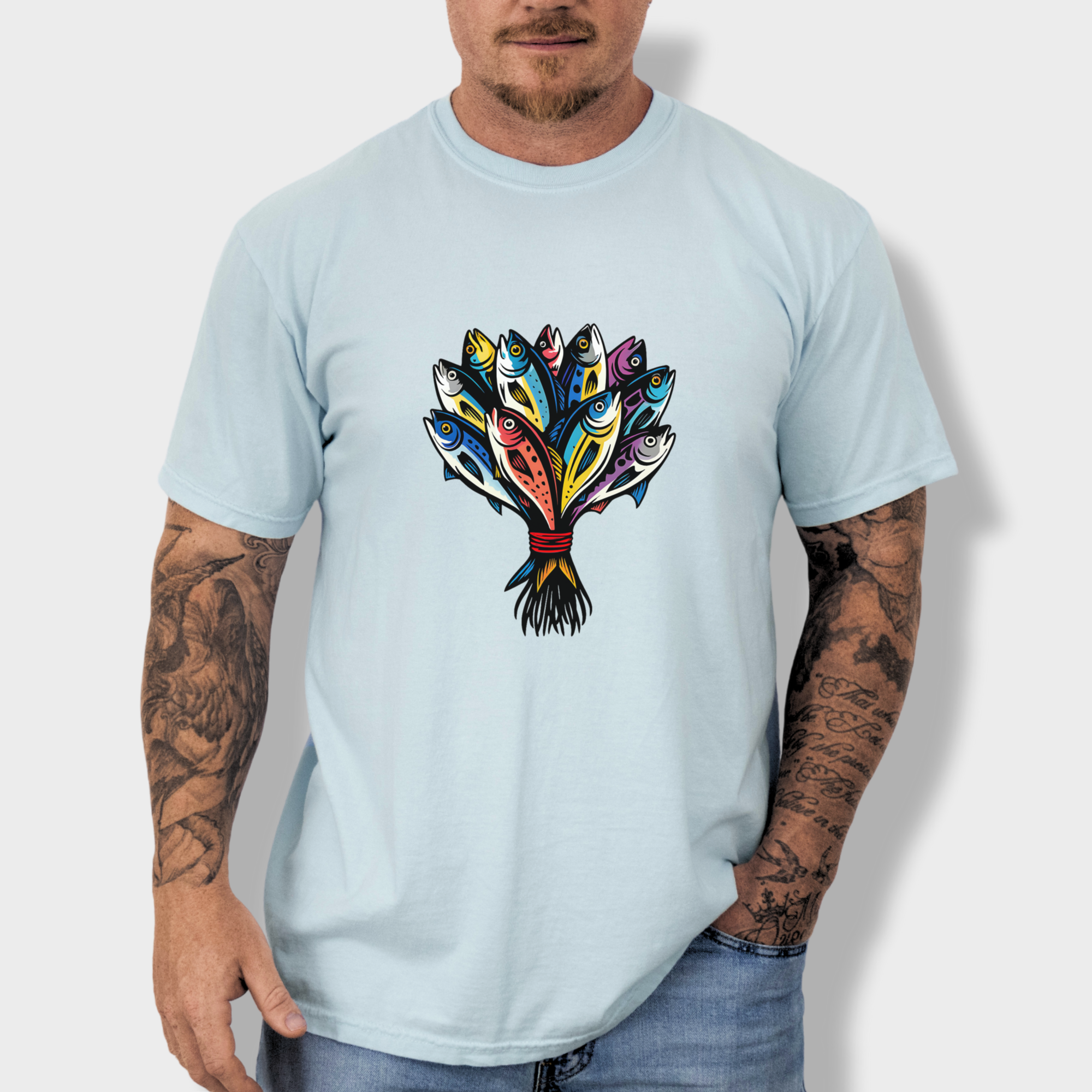 artistic-fish-bouquet-a-cats-dream-cat-graphic-comfort-colors-t-shirt-in-chambray - Chambray Lifestyle Male Model