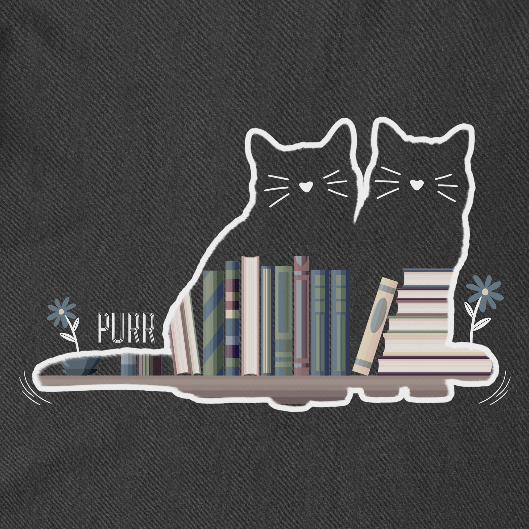 vintage-cat-book-shelf-purr-cat-graphic-comfort-colors-t-shirt-in-pepper - Pepper Full Graphic