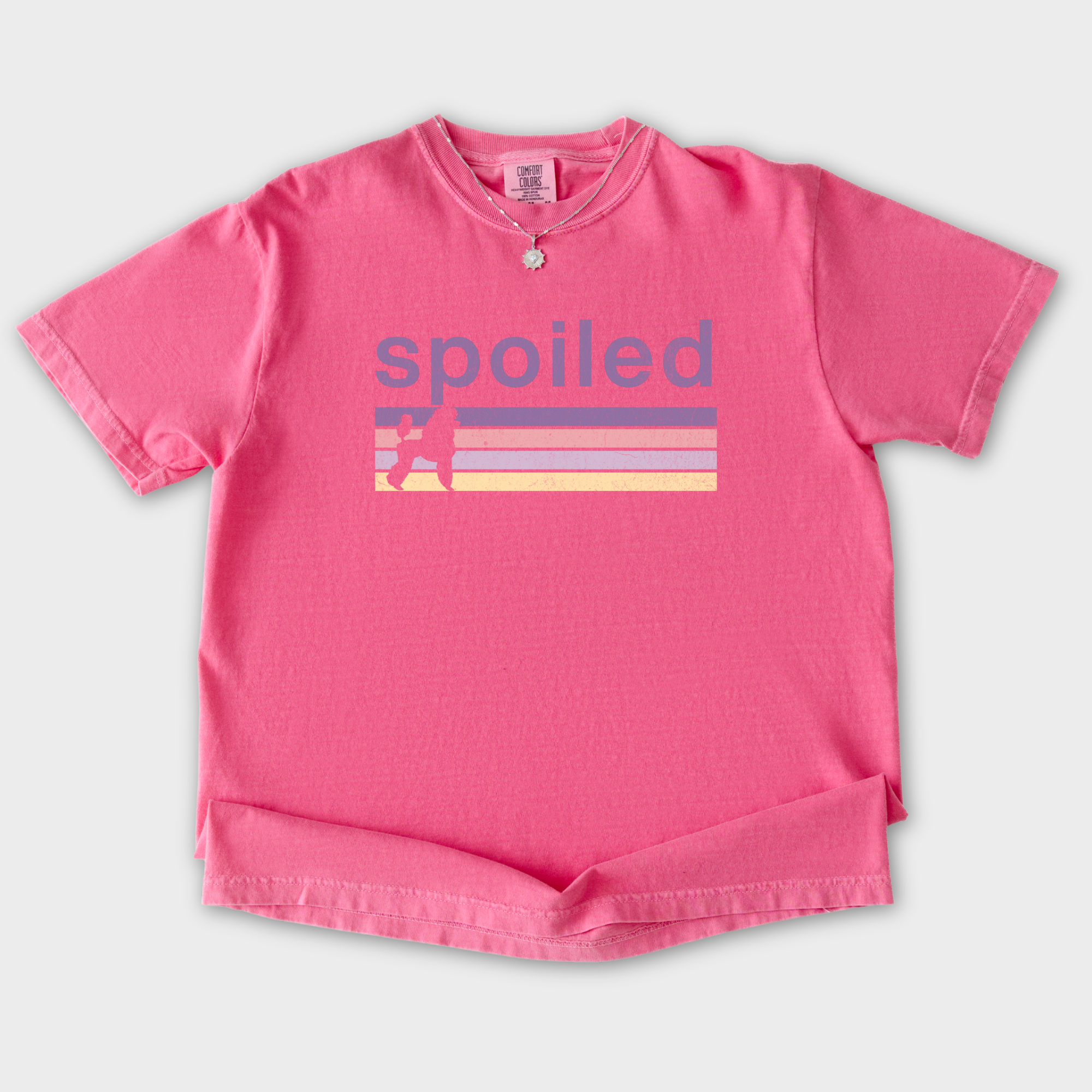 vintage-poodle-spoiled-dog-graphic-comfort-colors-t-shirt-in-crunchberry - Crunchberry Flat Lay Front