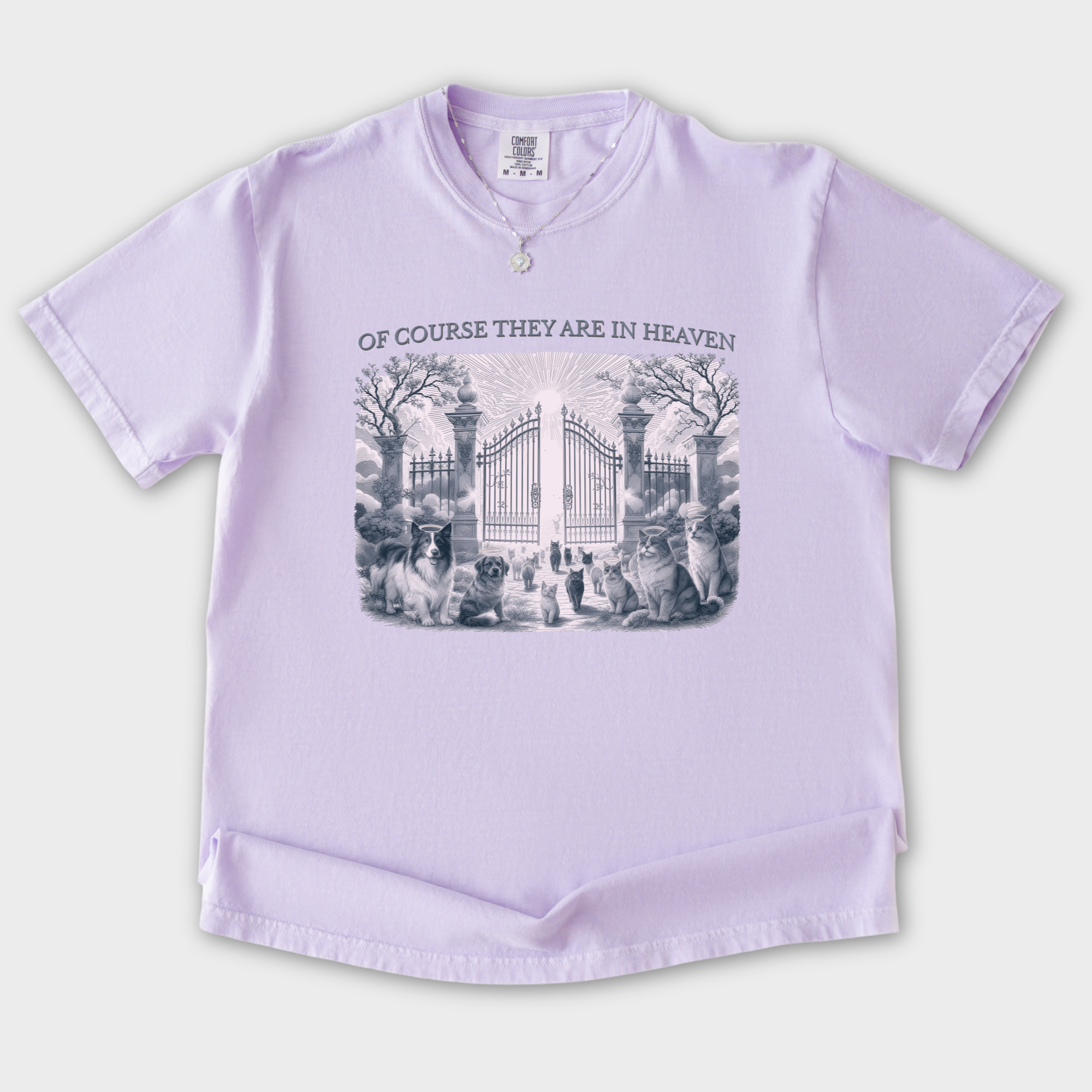 fetch-n-found  unisex tee for men and women featuring , Of Course They Are In Heaven Lavender Orchid graphic T-Shirt made of 100% cotton - Orchid Flat Lay Front