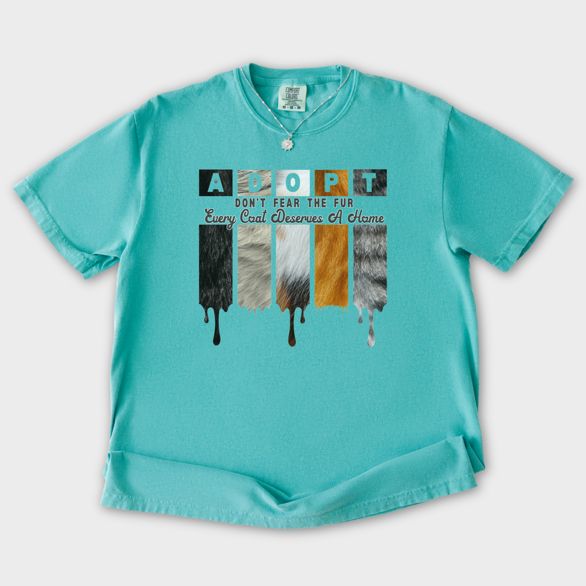 retro-adopt-every-coat-deserves-a-home-cat-minimalist-comfort-colors-t-shirt-in-seafoam - Seafoam Flat Lay Front