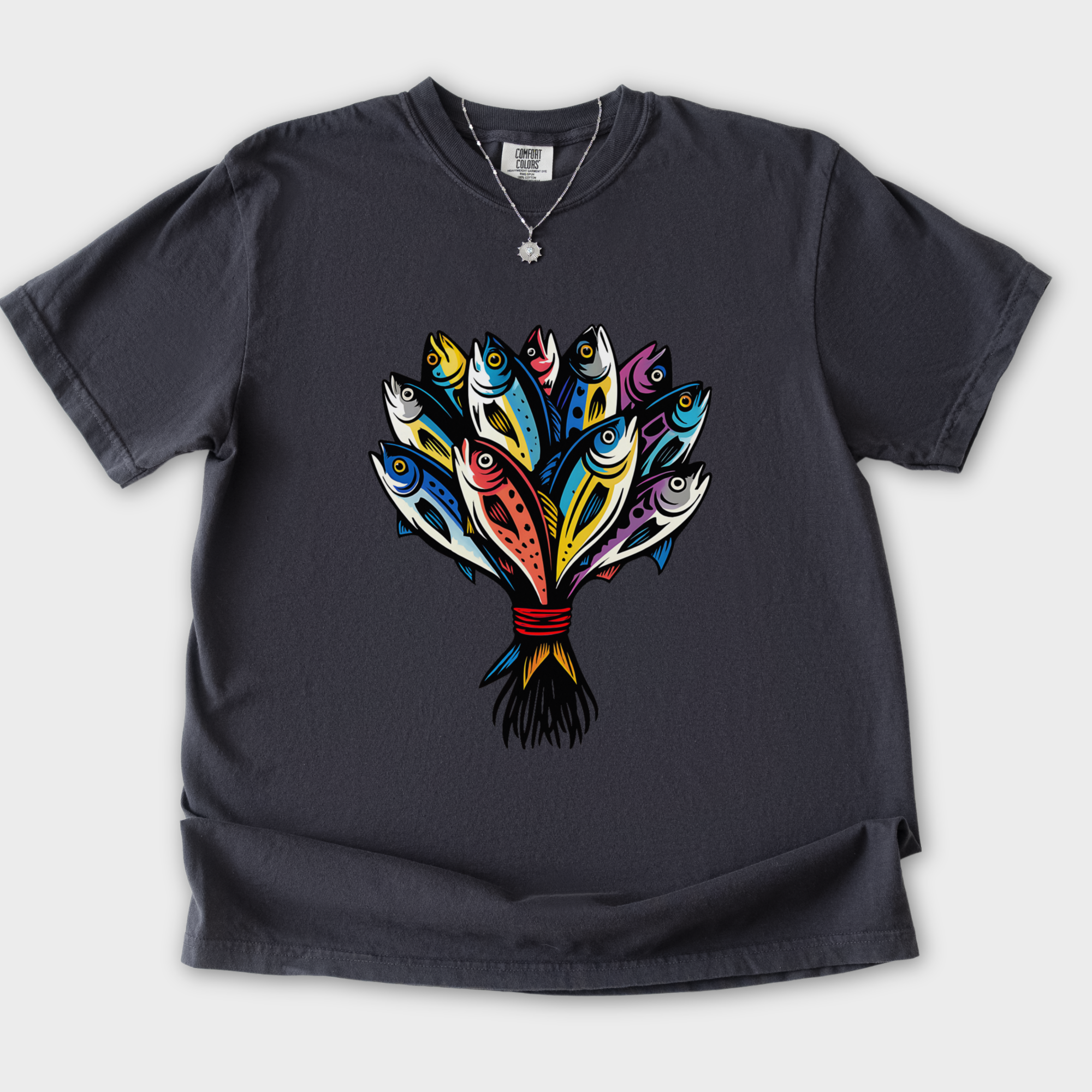 artistic-fish-bouquet-a-cats-dream-cat-graphic-comfort-colors-t-shirt-in-graphite - Graphite Flat Lay Front