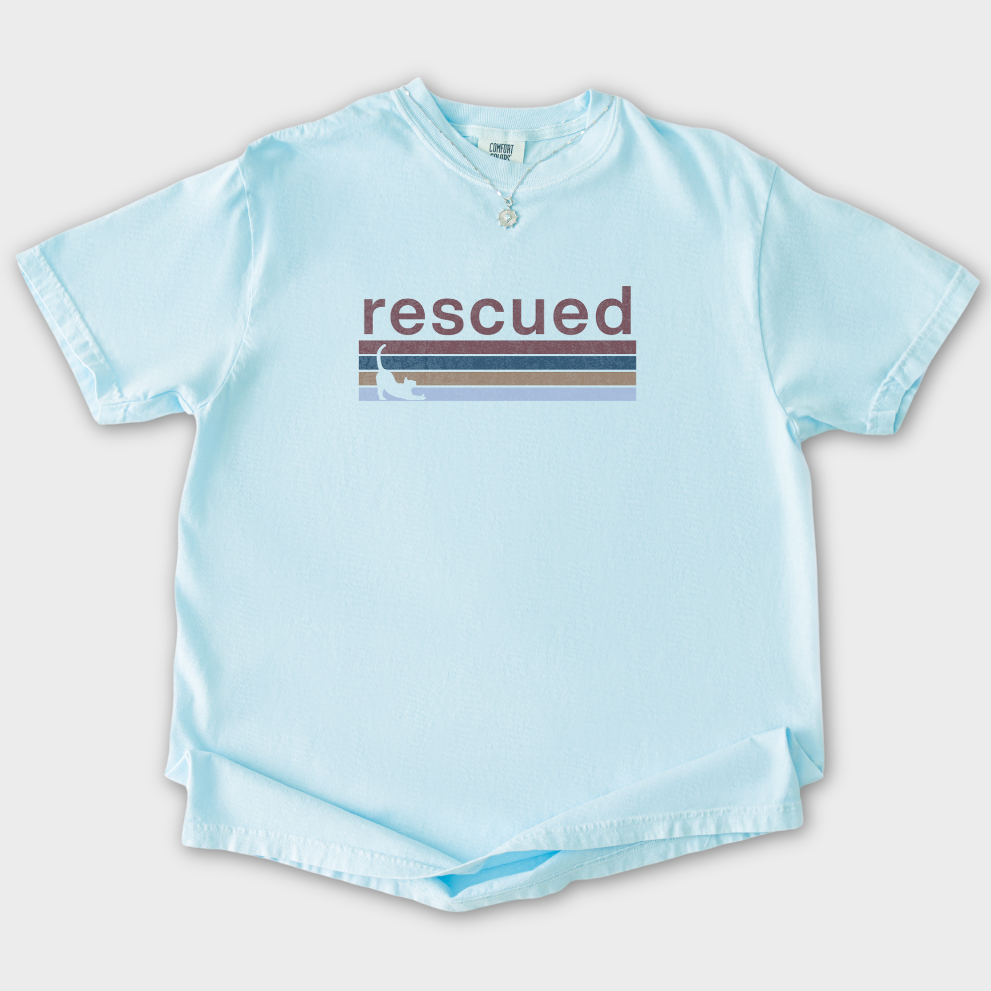 retro-cat-rescued-cat-graphic-comfort-colors-t-shirt-in-chambray - Chambray Flat Lay Front