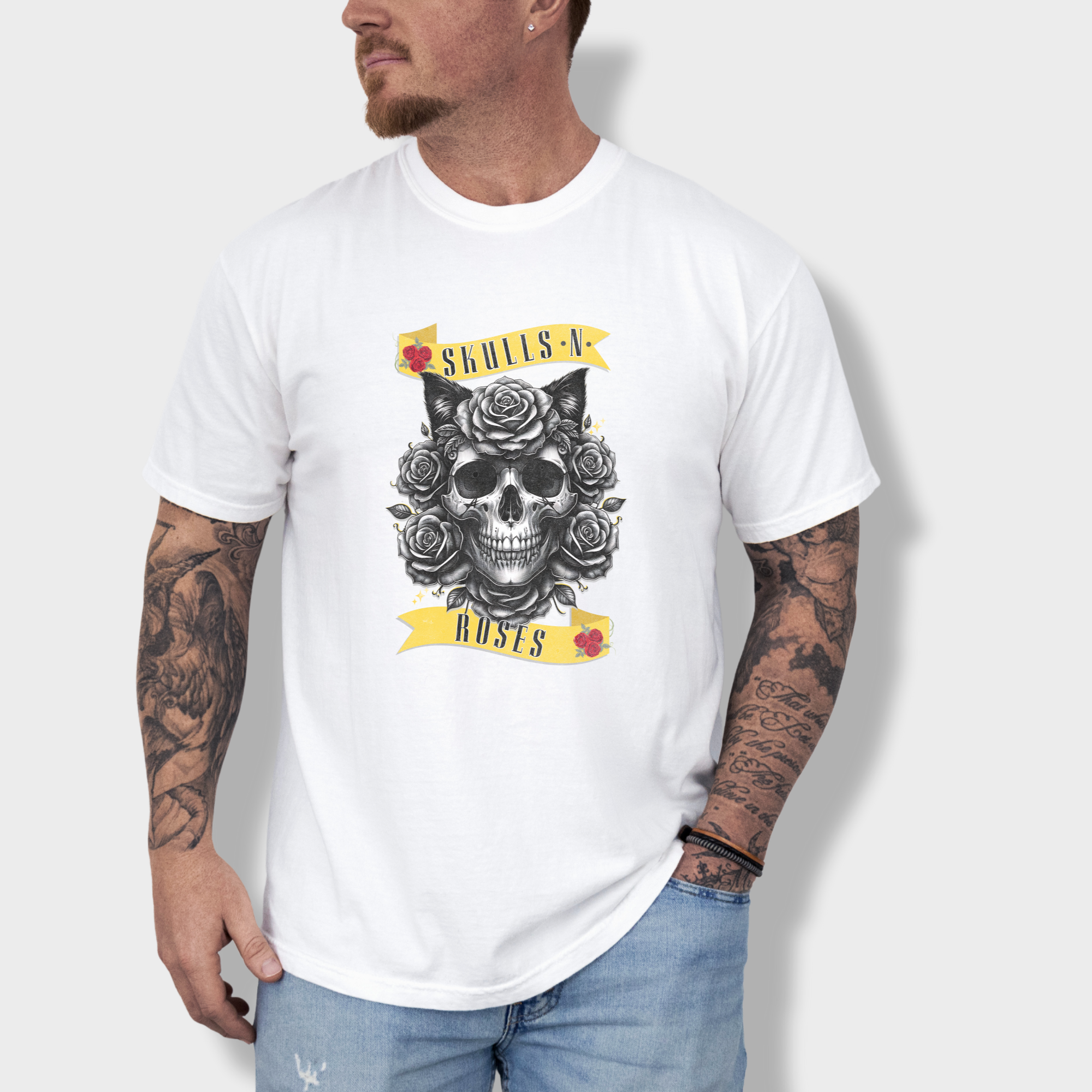 floral-pet-skulls-n-roses-solo-band-pet-skeleton-comfort-colors-t-shirt-in-white - White Lifestyle Male Model