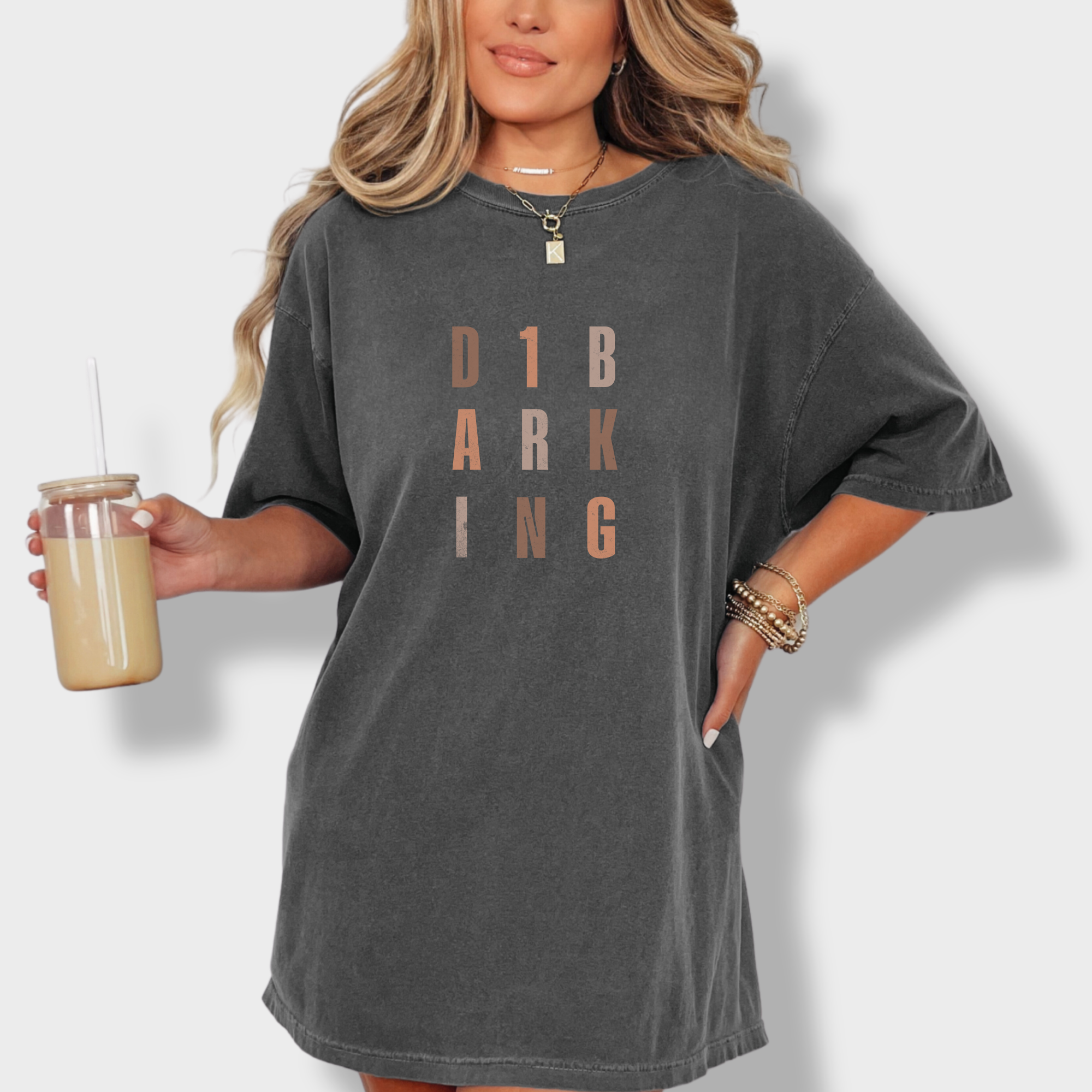 fetch-n-found  unisex tee for men and women featuring , D1 Barking Modern Neutral Grid Pepper graphic T-Shirt made of 100% cotton - Pepper Lifestyle Female Model