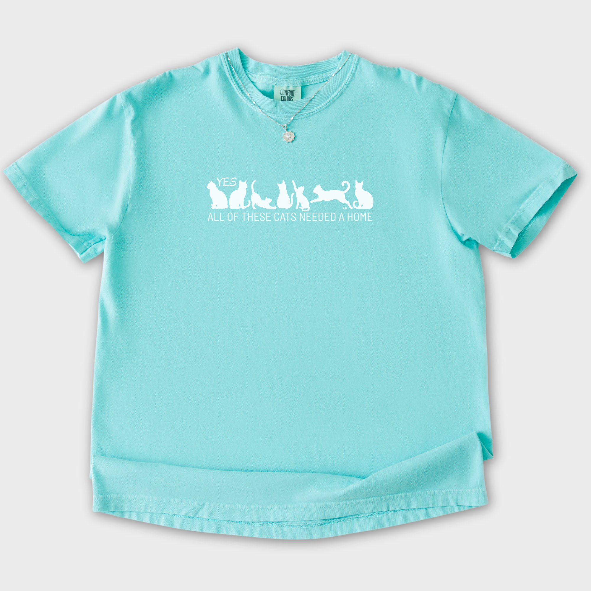 fetch-n-found  unisex tee for men and women featuring , Yes all of these cats needed a home Chalky Mint graphic T-Shirt made of 100% cotton - Chalky Mint Flat Lay Front