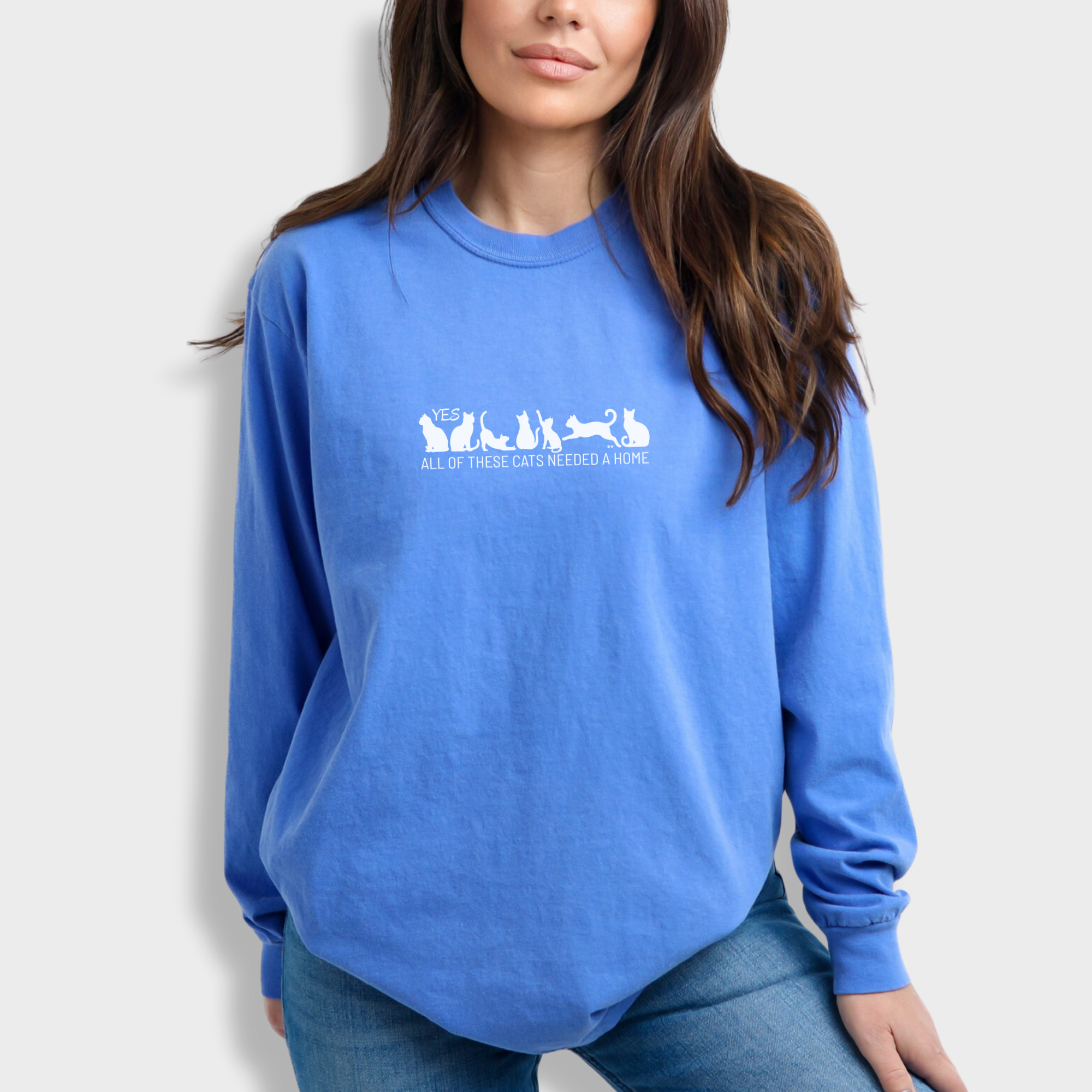 fetch-n-found  unisex tee for men and women featuring , Yes all of these cats needed a home Flo Blue graphic T-Shirt made of 100% cotton - Flo Blue Model 2
