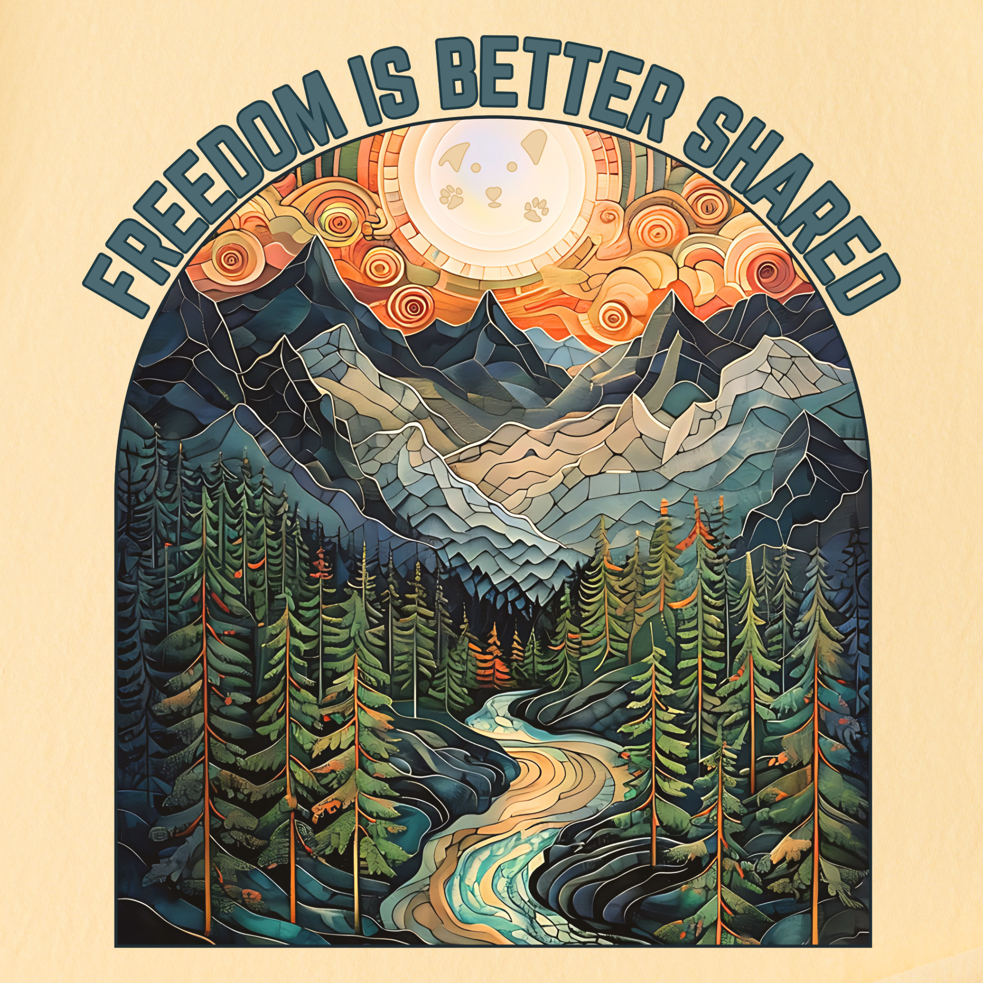 artistic-mountain-freedom-is-better-shared-stained-glass-version-dog-graphic-comfort-colors-t-shirt-in-butter - Butter Full Graphic