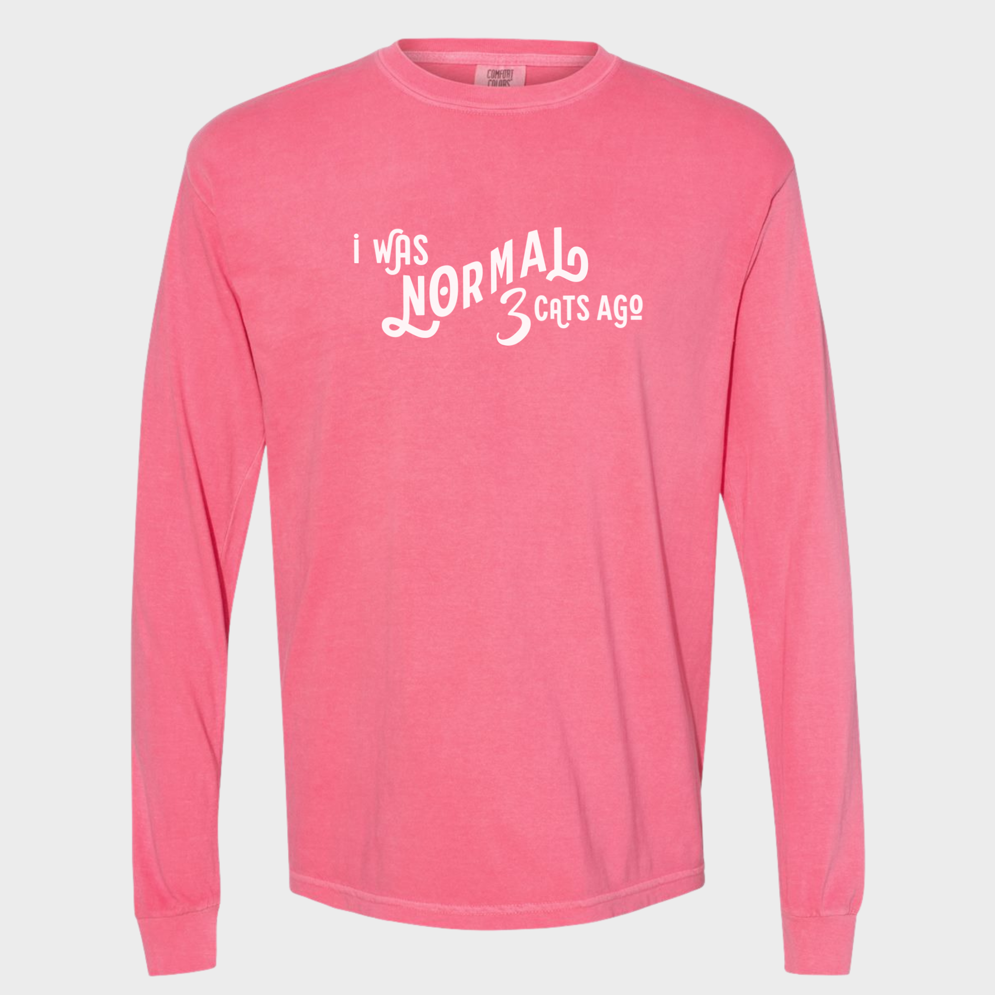Comfort Colors® Cat unisex tee for men and women featuring Minimalist, I Was Normal 3 Cats Ago Crunchberry graphic Long Sleeved T-Shirt made of 100% cotton by Fetch N Found - Crunchberry 3D Front
