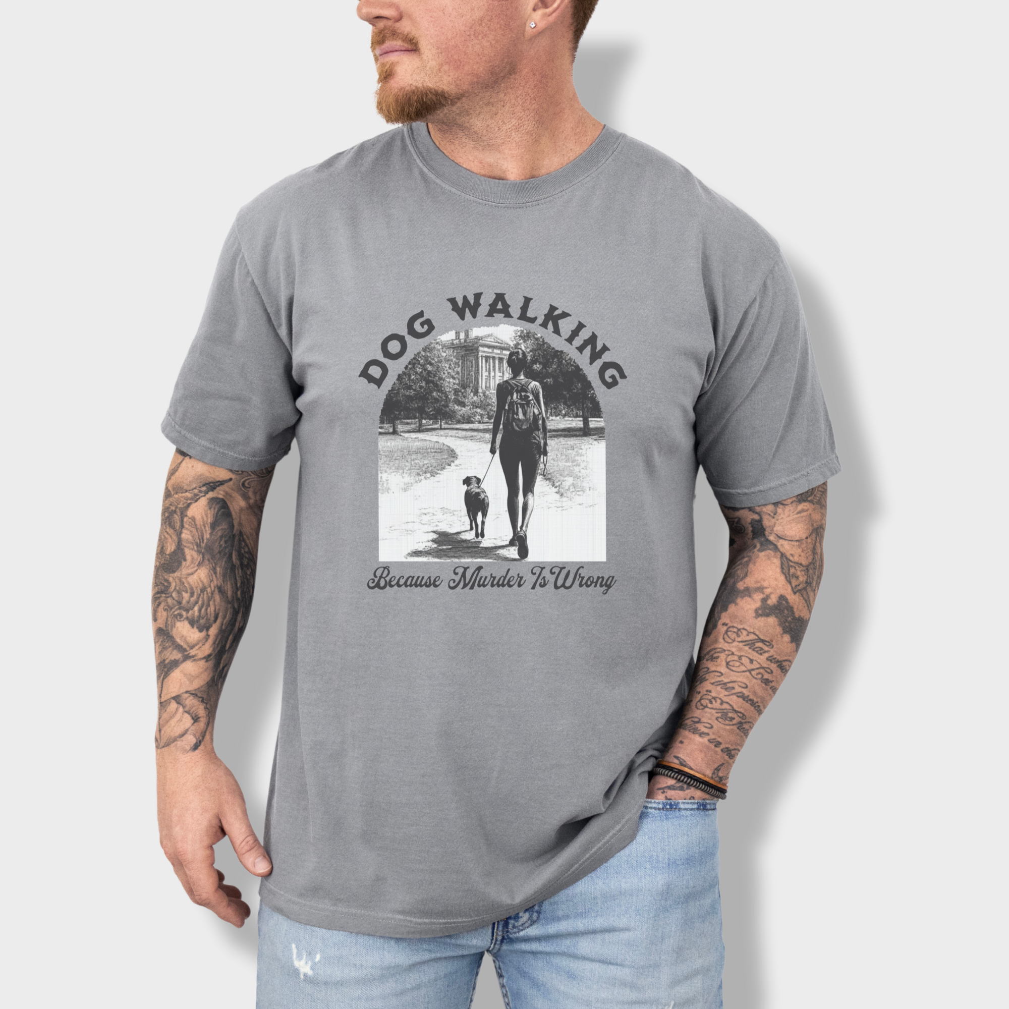 western-murder-is-wrong-dog-graphic-comfort-colors-t-shirt-in-grey - Grey Lifestyle Male Model