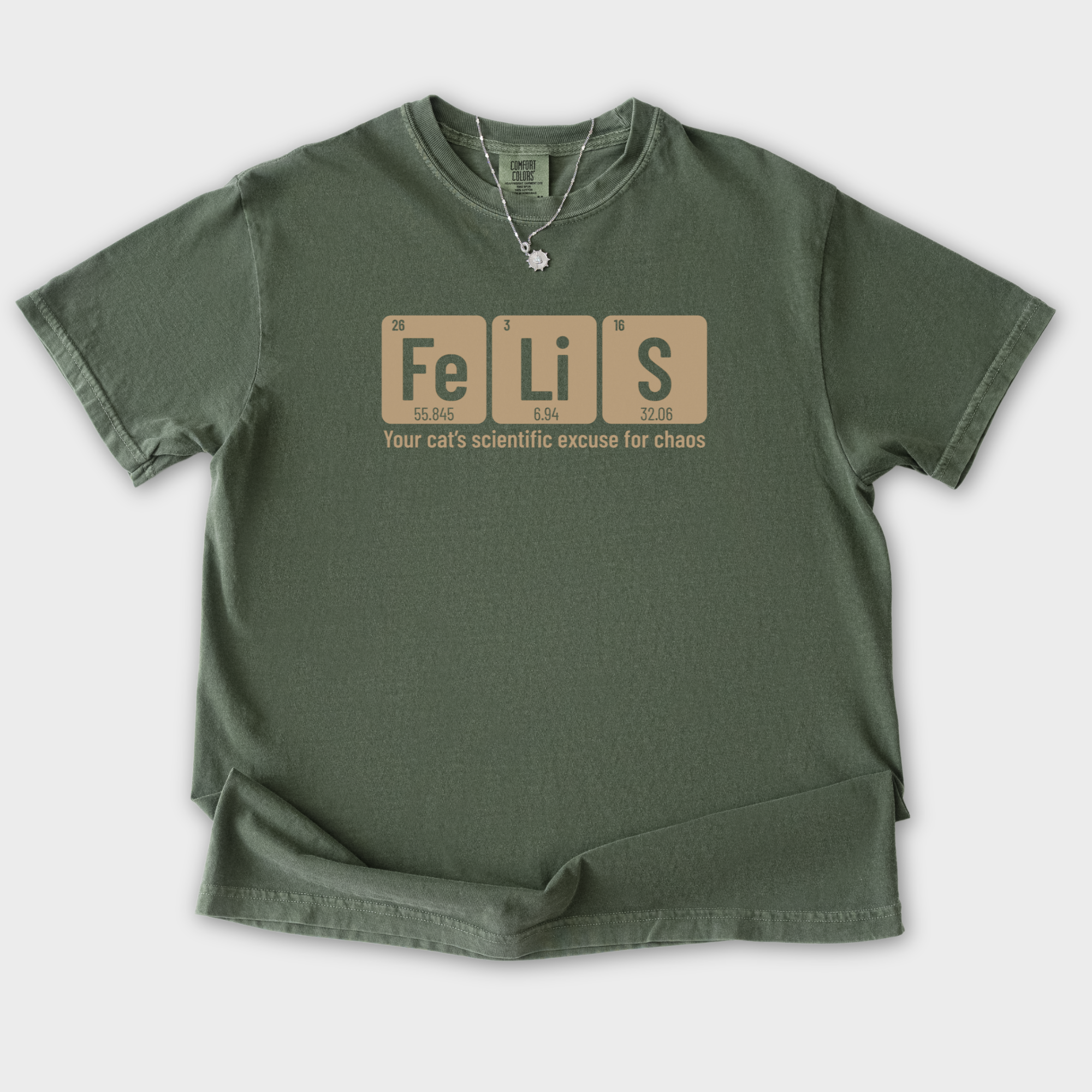 vintage-felis-cat-graphic-comfort-colors-t-shirt-in-moss - Moss Flat Lay Front