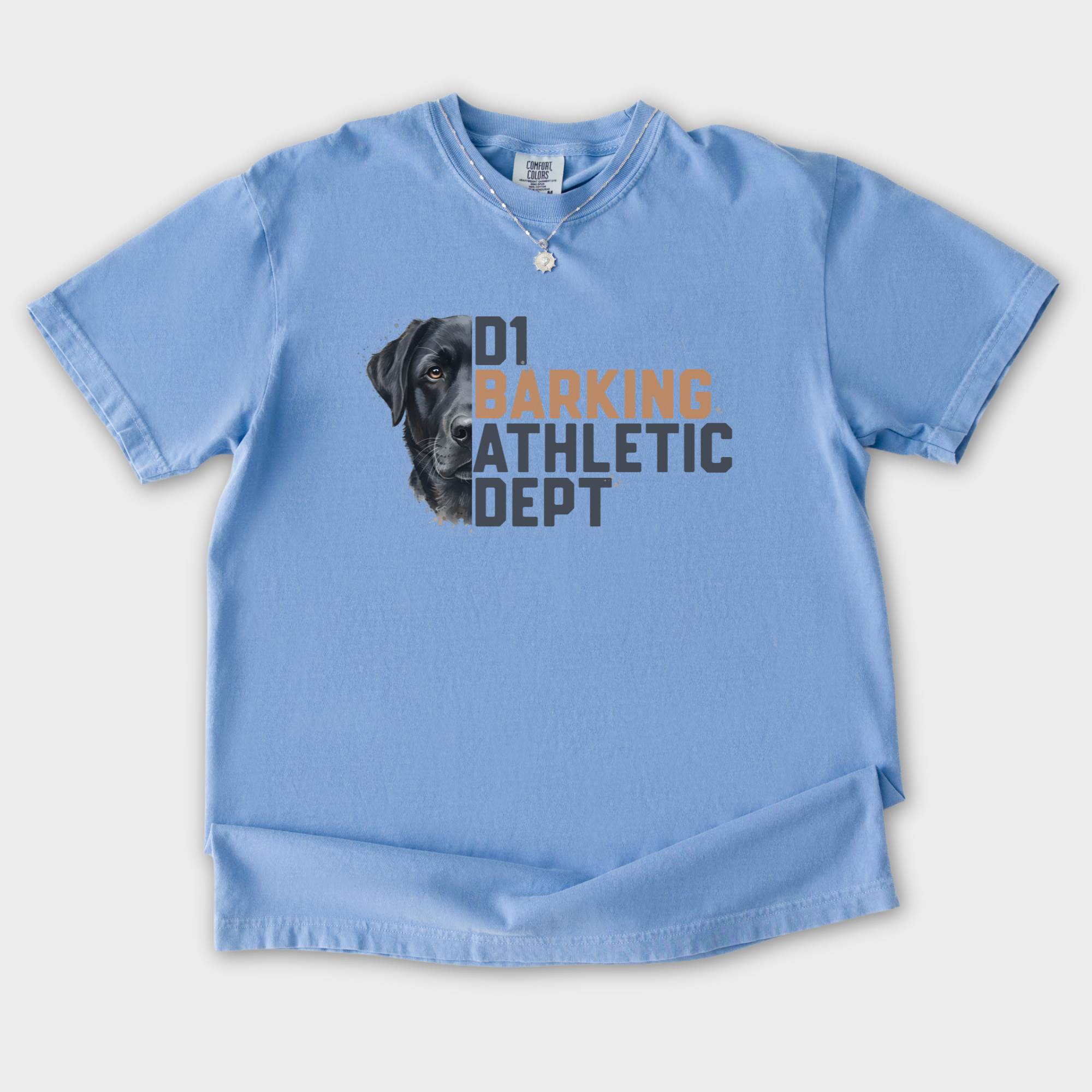 fetch-n-found  unisex tee for men and women featuring , D1 Barking Athletic Department Washed Denim graphic T-Shirt made of 100% cotton - Washed Denim Flat Lay Front