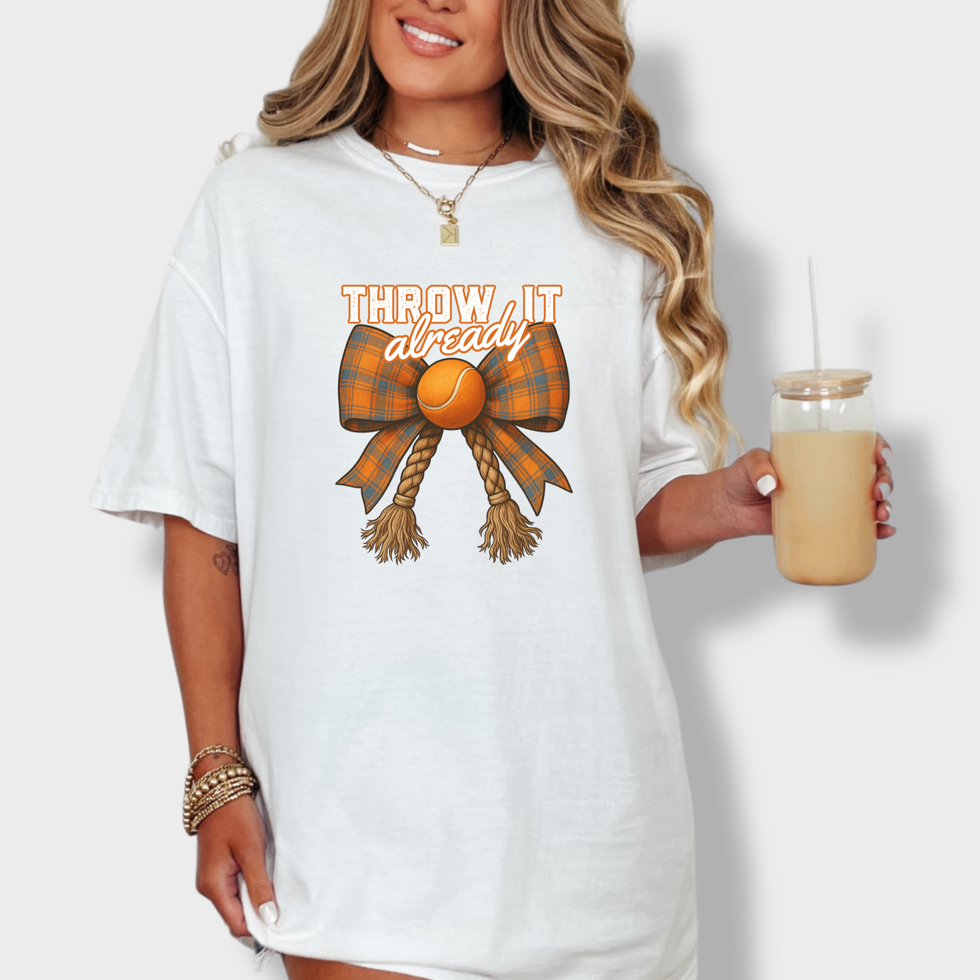 western-throw-it-already-dog-chew-toy-bow-dog-bow-comfort-colors-t-shirt-in-white - White Lifestyle Female Model