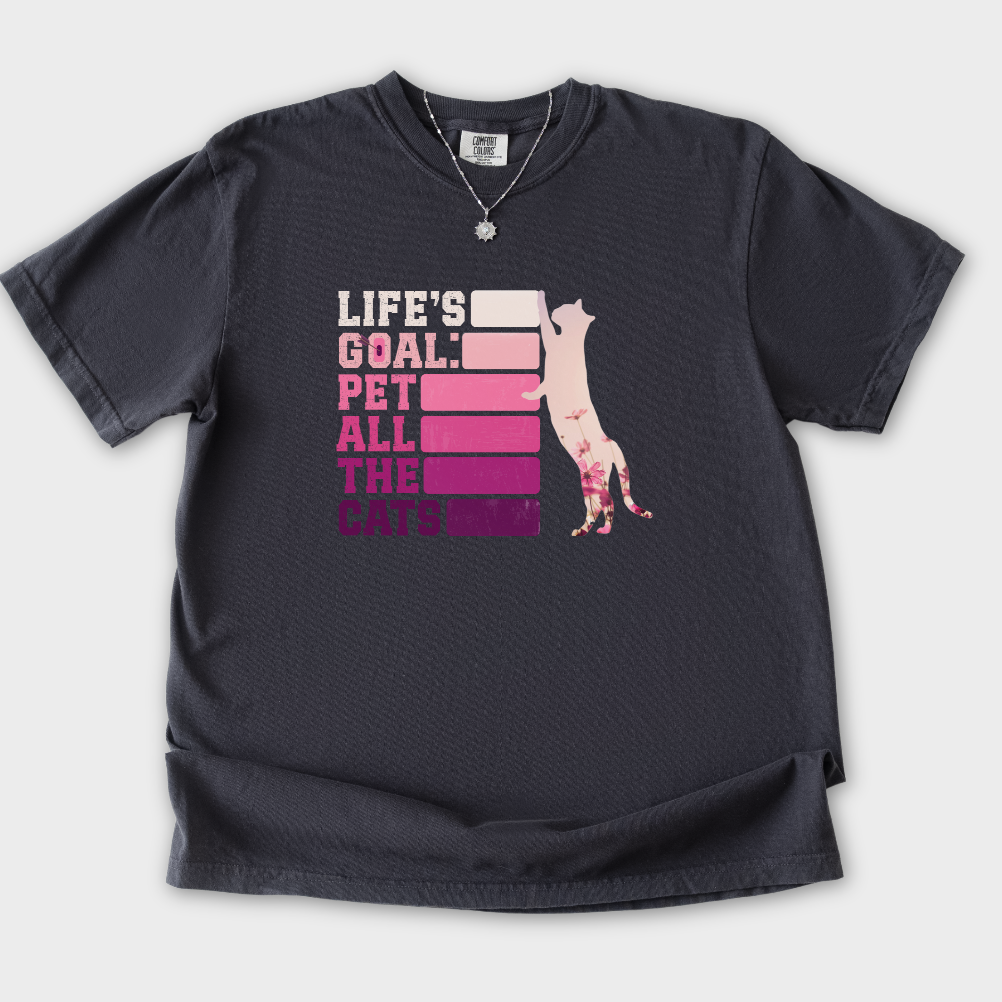 artistic-pet-all-the-cats-cat-text-comfort-colors-t-shirt-in-graphite - Graphite Flat Lay Front
