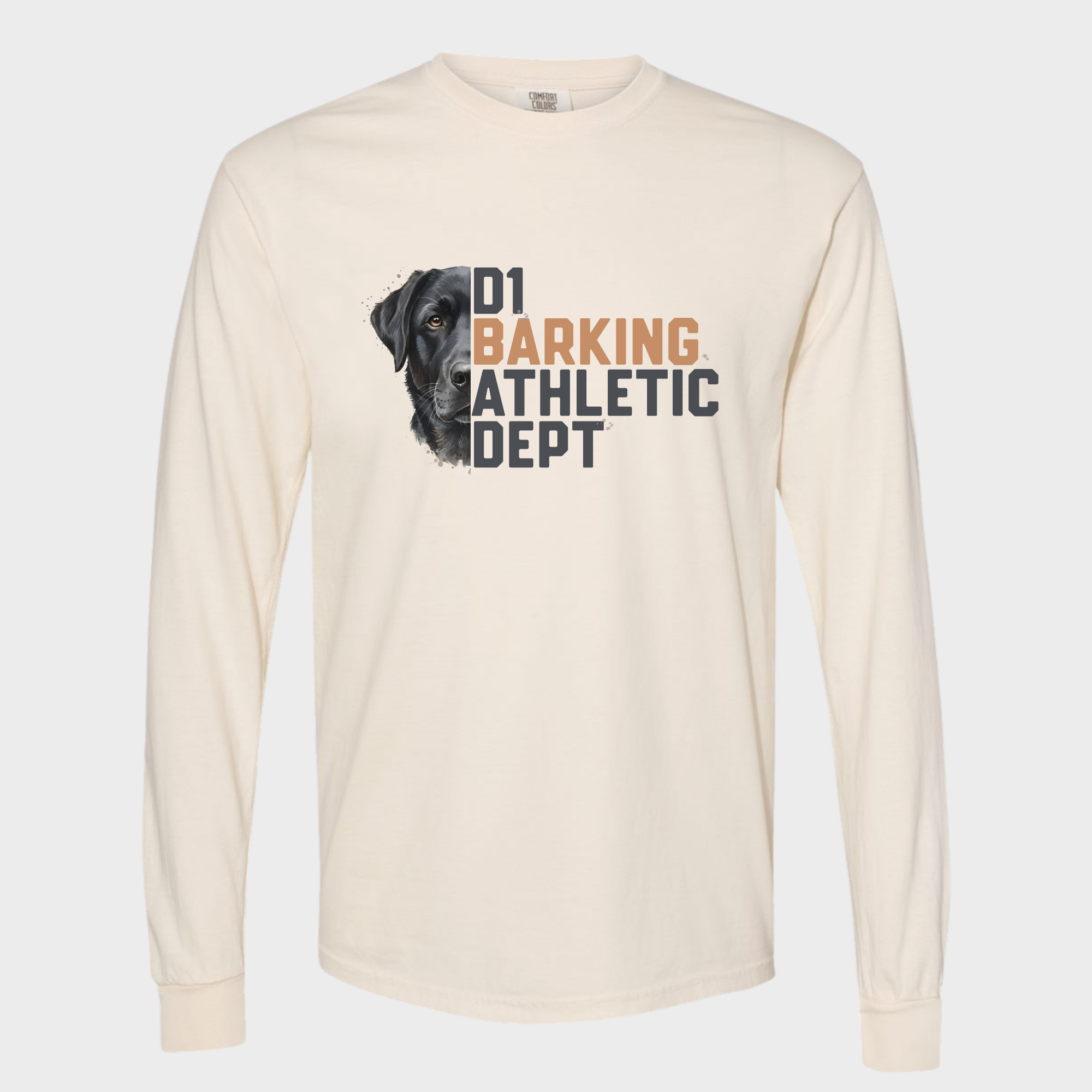 fetch-n-found  unisex tee for men and women featuring , D1 Barking Athletic Department Ivory graphic T-Shirt made of 100% cotton - Ivory 3D Front