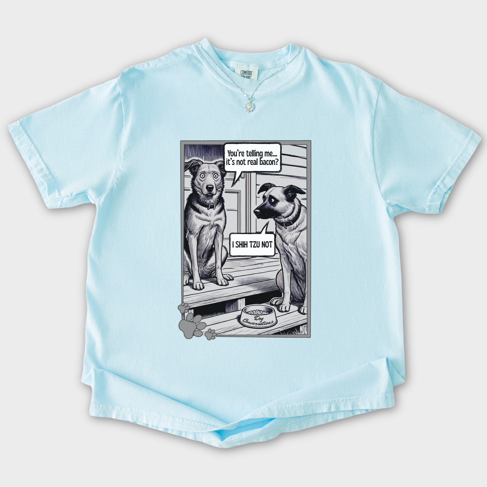 vintage-i-shih-tzu-not-bacon-dog-line-art-comfort-colors-t-shirt-in-chambray - Chambray Flat Lay Front