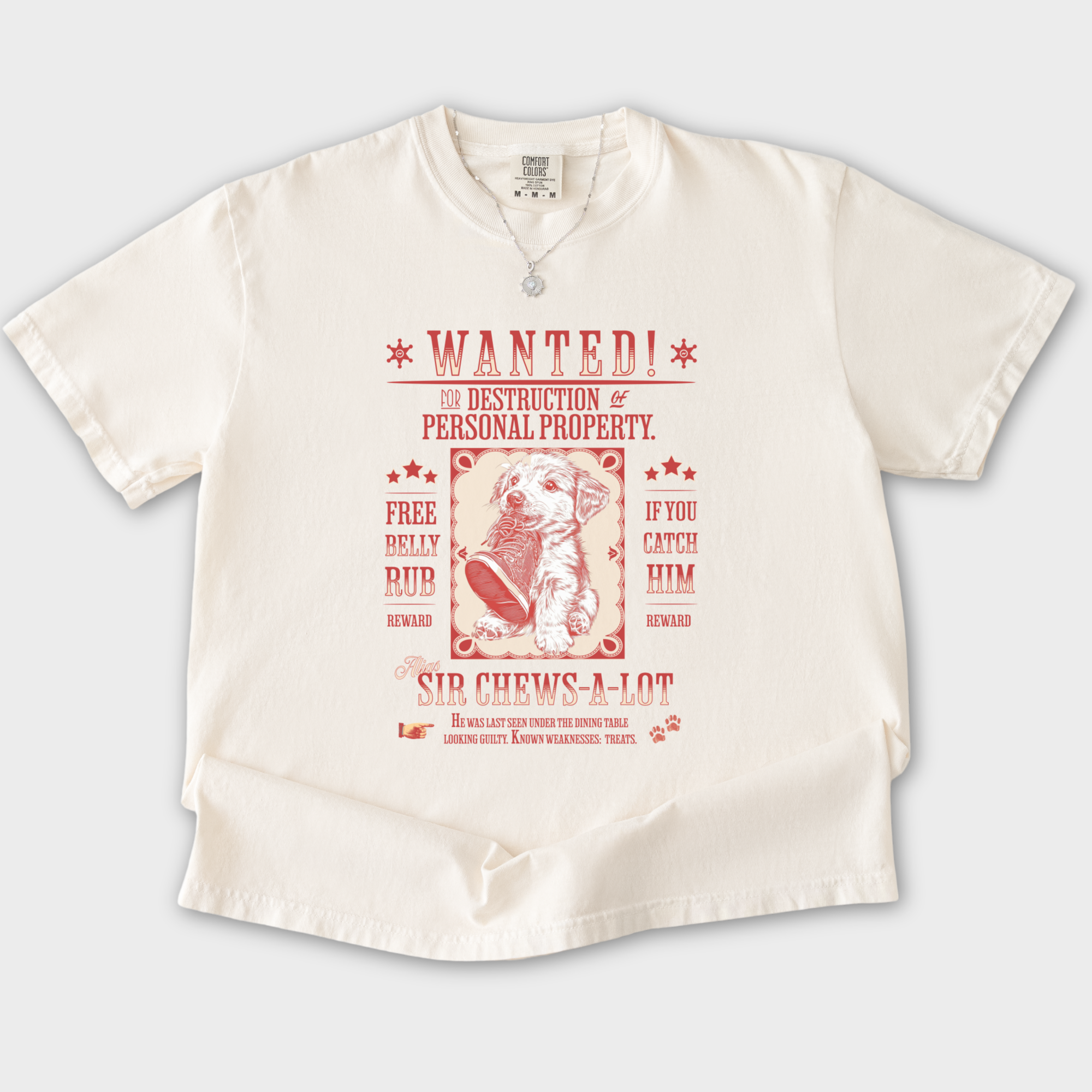 retro-western-wanted-puppy-t-shirt-in-ivory - Ivory Flat Lay Front
