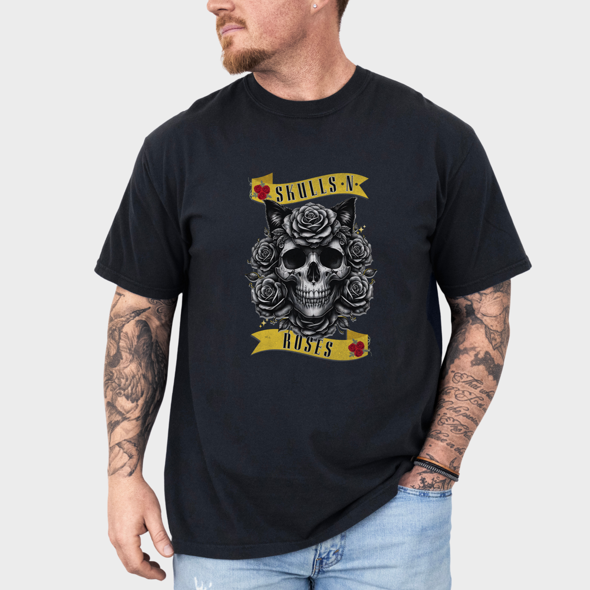 floral-pet-skulls-n-roses-solo-band-pet-skeleton-comfort-colors-t-shirt-in-black - Black Lifestyle Male Model