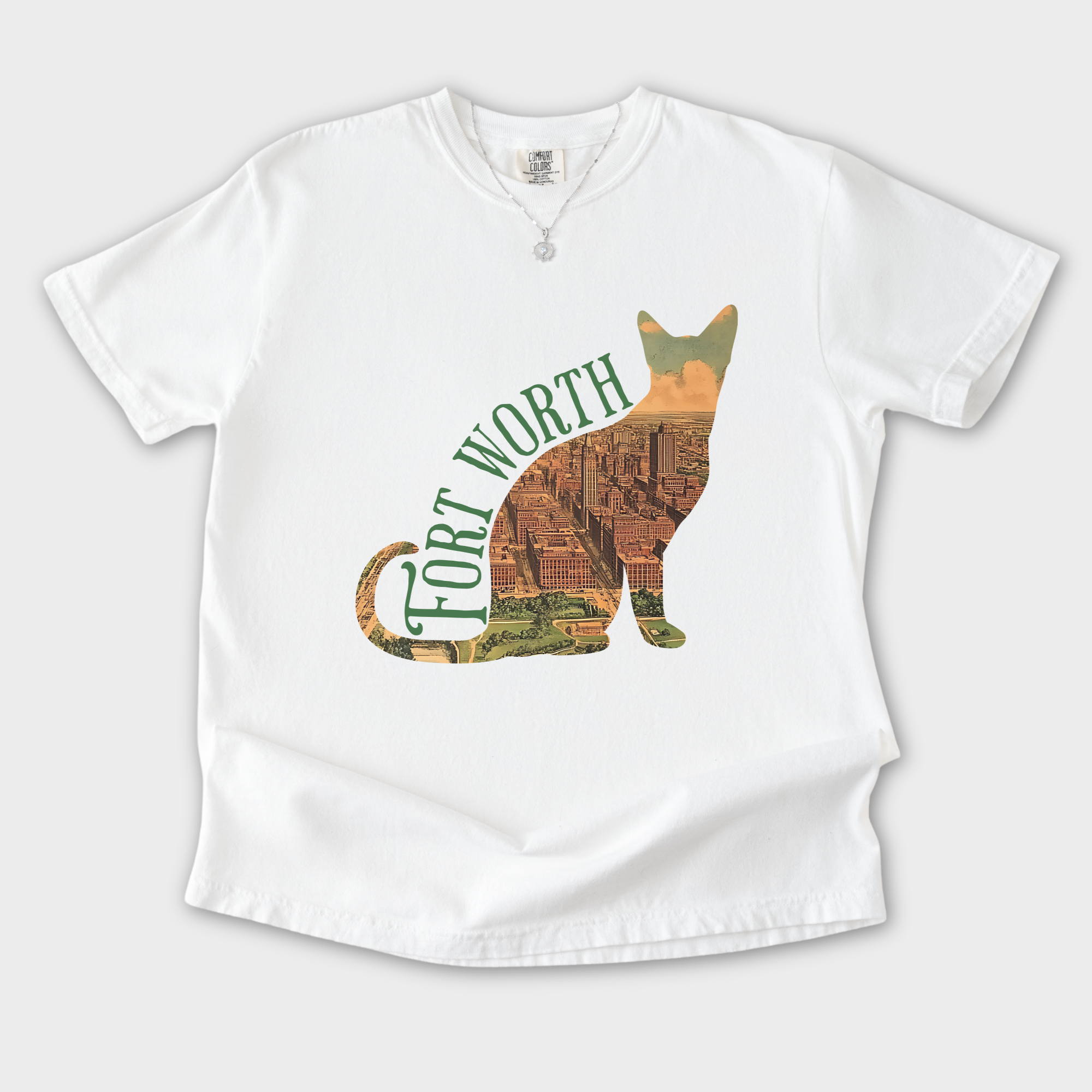 fort-worth-historic-downtown-cat-map-t-shirt-in-white - White Flat Lay Front