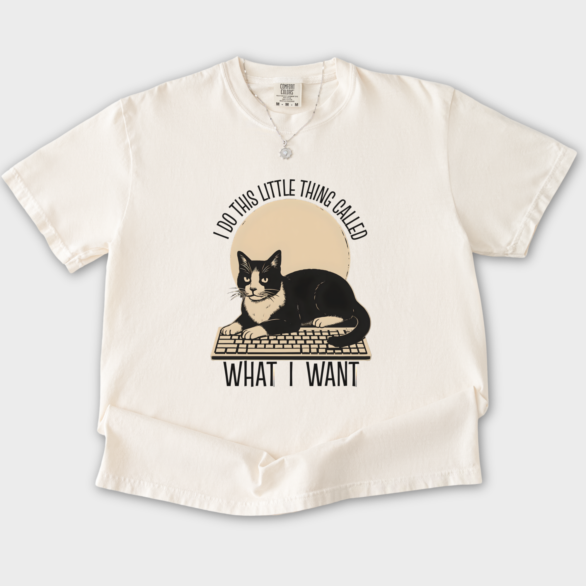retro-i-do-this-little-thing-called-what-i-want-cat-minimalist-comfort-colors-t-shirt-in-ivory - Ivory Flat Lay Front