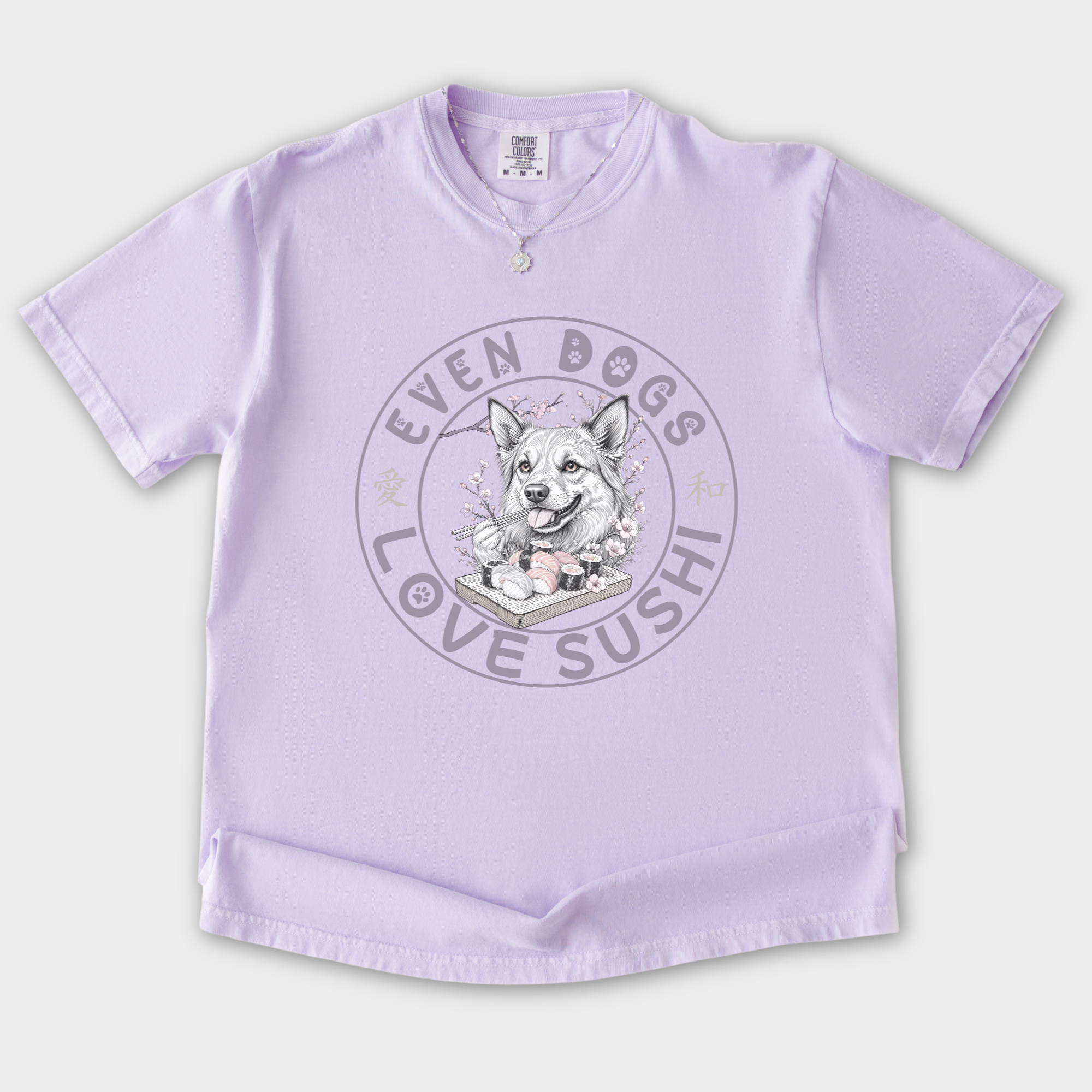 floral-even-dogs-love-sushi-plus-cherry-blossoms-dog-graphic-comfort-colors-t-shirt-in-orchid - Orchid Flat Lay Front