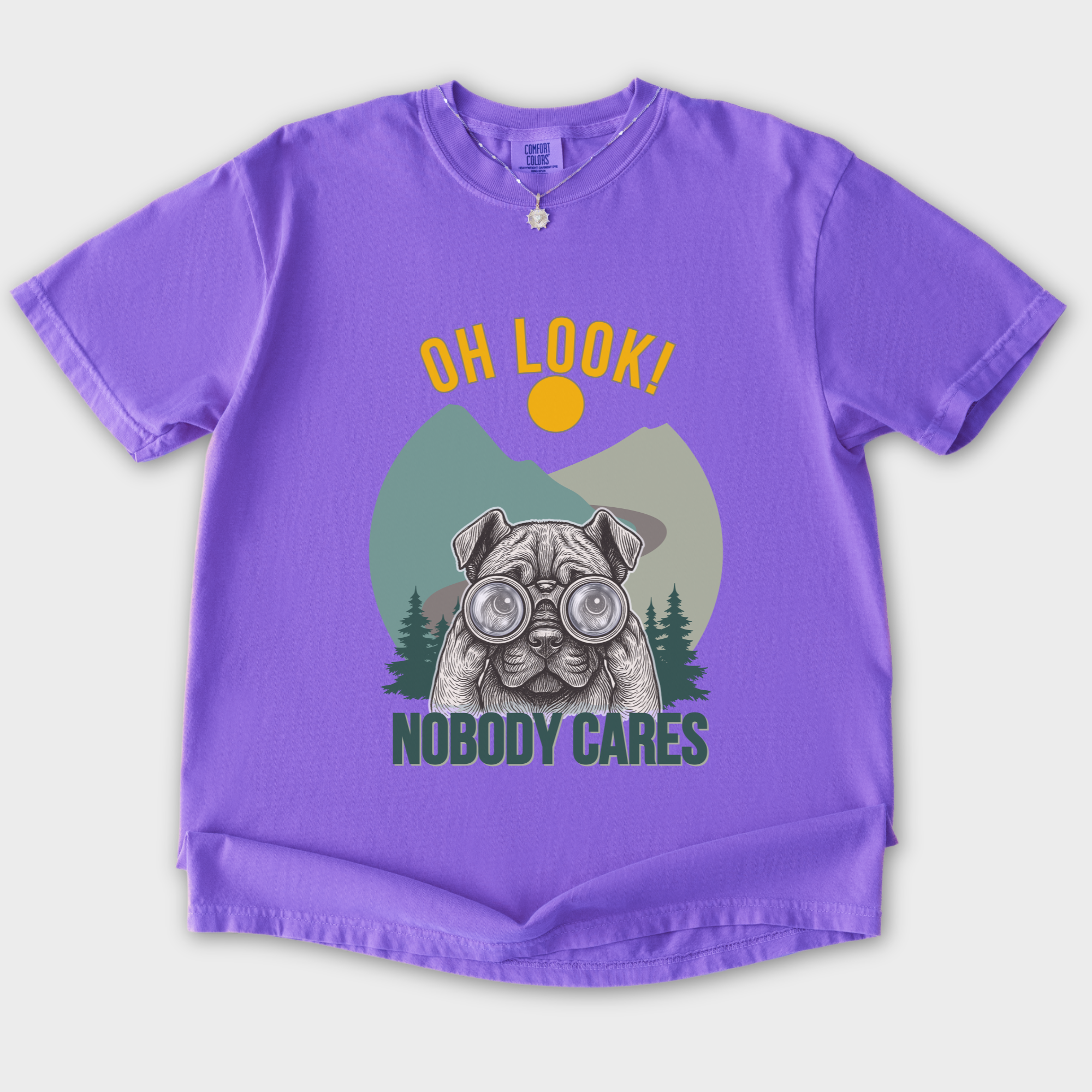 vintage-oh-look-nobody-cares-dog-graphic-comfort-colors-t-shirt-in-violet - Violet Flat Lay Front