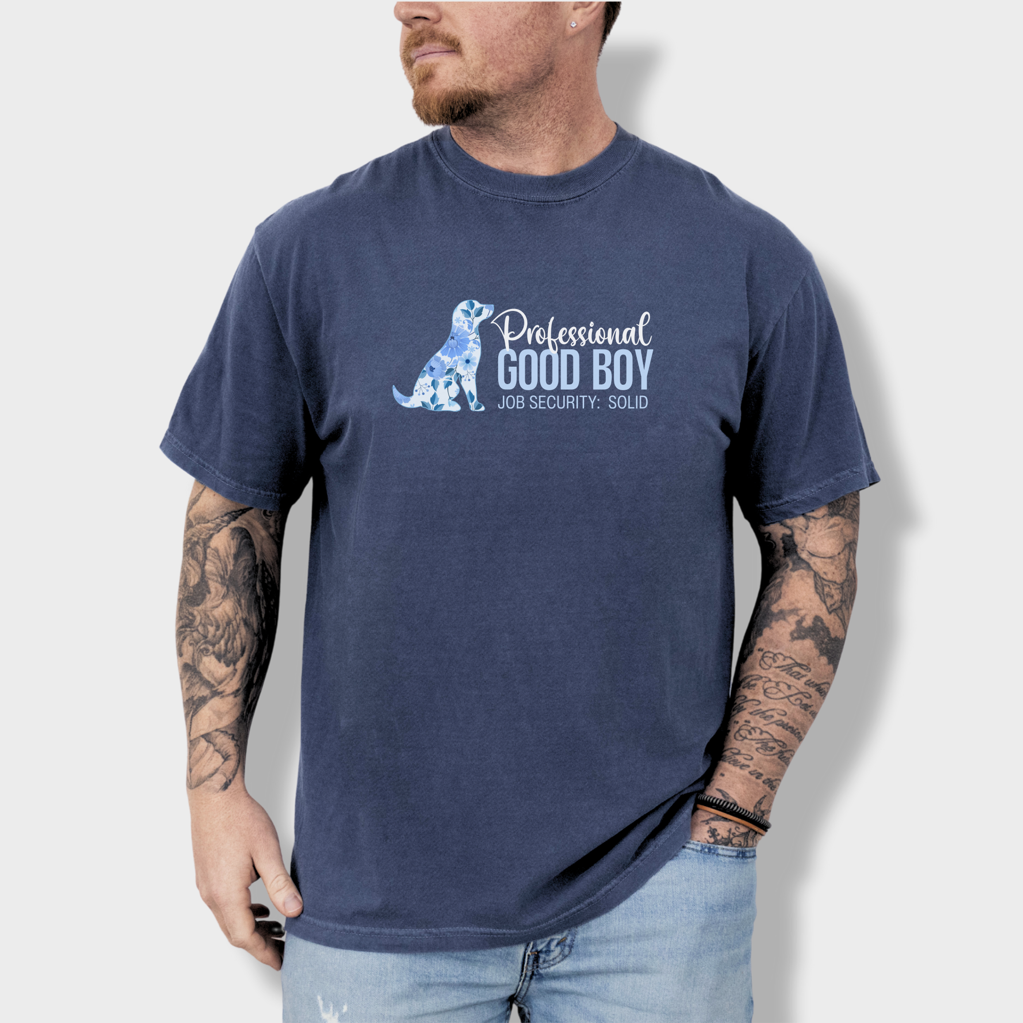 floral-professional-good-boy-solid-job-security-dog-graphic-comfort-colors-t-shirt-in-denim - Denim Lifestyle Male Model