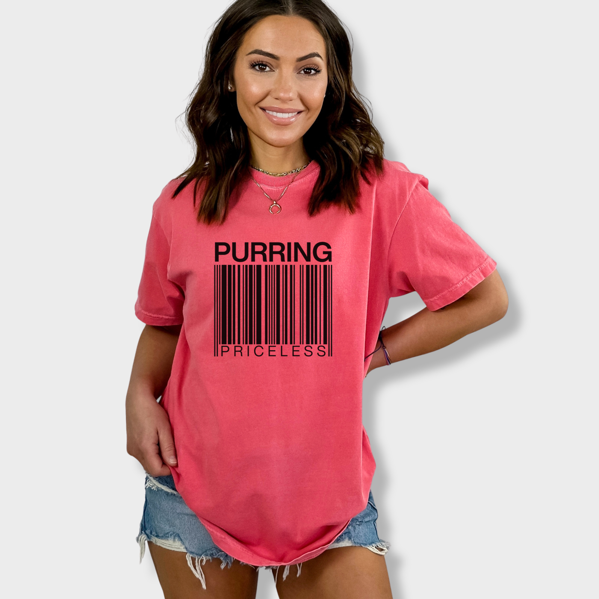 modern-purring-is-priceless-barcode-cat-graphic-comfort-colors-t-shirt-in-watermelon - Watermelon Lifestyle Female Model