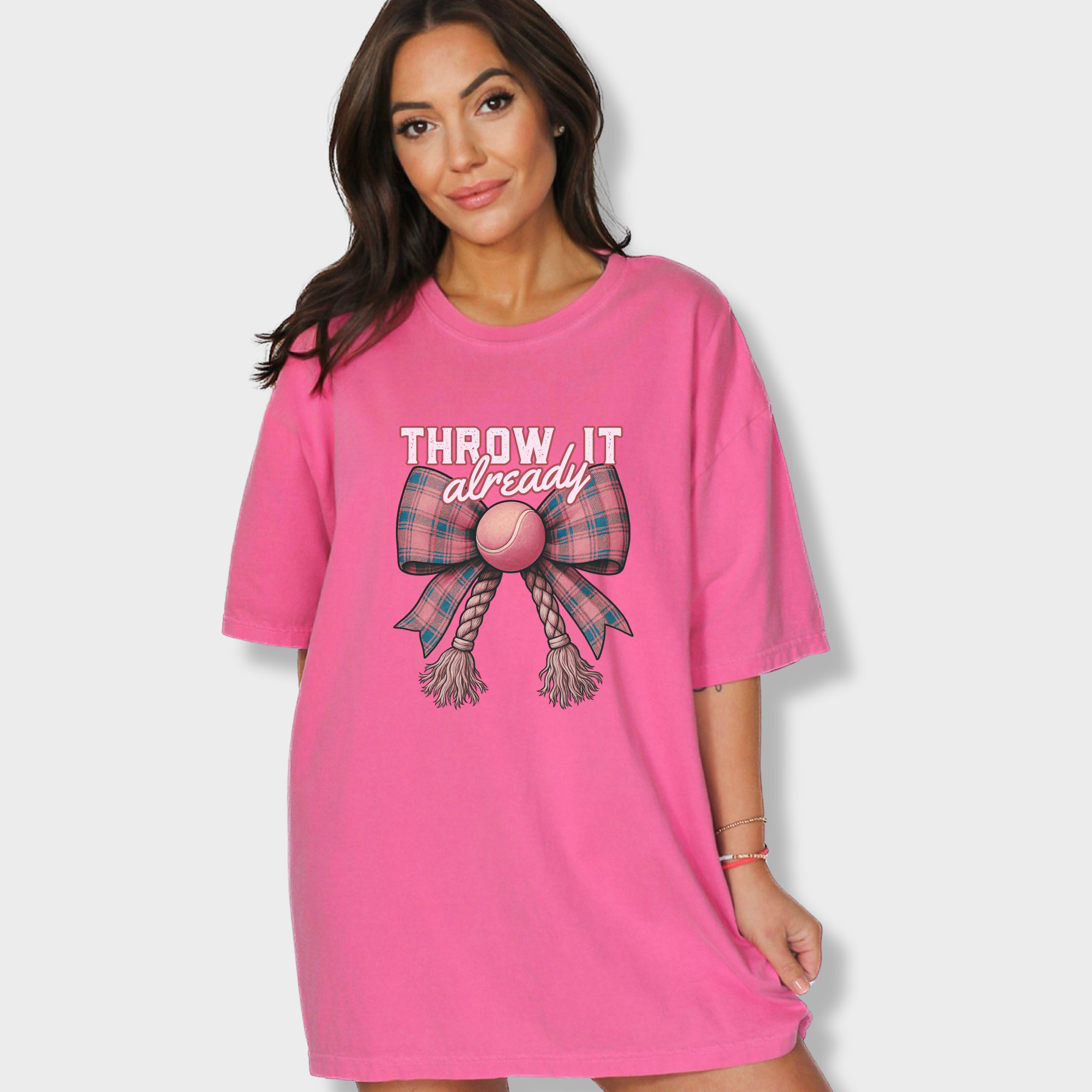 retro-throw-it-already-dog-chew-toy-bow-in-pink-dog-bow-comfort-colors-t-shirt-in-crunchberry - Crunchberry Lifestyle Female Model