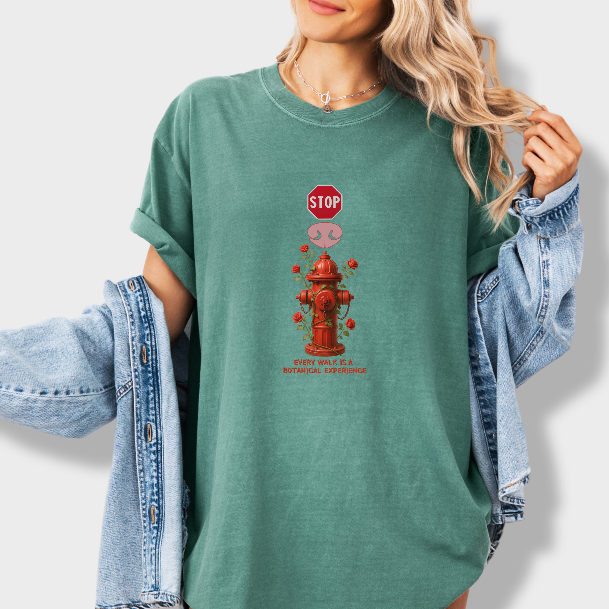 floral-every-walk-is-a-botanical-experience-dog-graphic-comfort-colors-t-shirt-in-light-green - Light Green Lifestyle Female Model